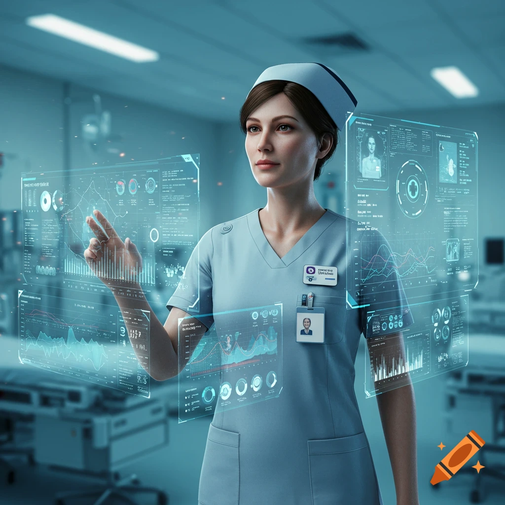 A female nurse in light blue scrubs interacts with multiple glowing holographic data screens in a modern medical setting, displaying charts and graphs.