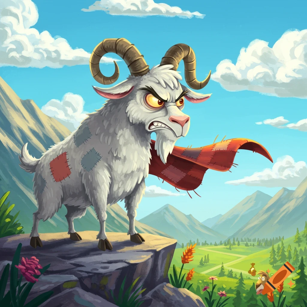 An angry cartoon billy goat with a patched red cape stands on a rock, set against a vibrant mountain landscape.