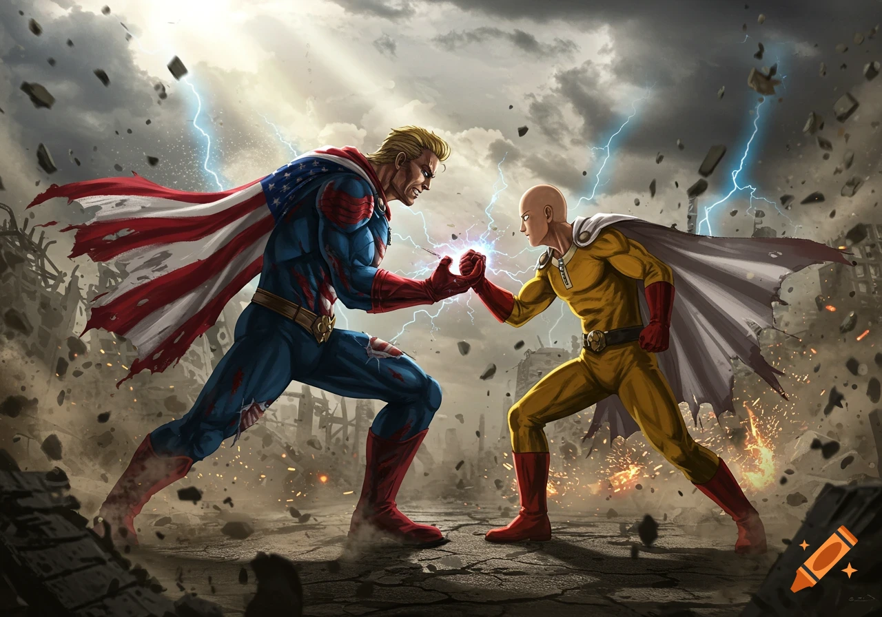 Homelander and Saitama, both with torn clothing, clash fists in a ruined city under a stormy sky with lightning.