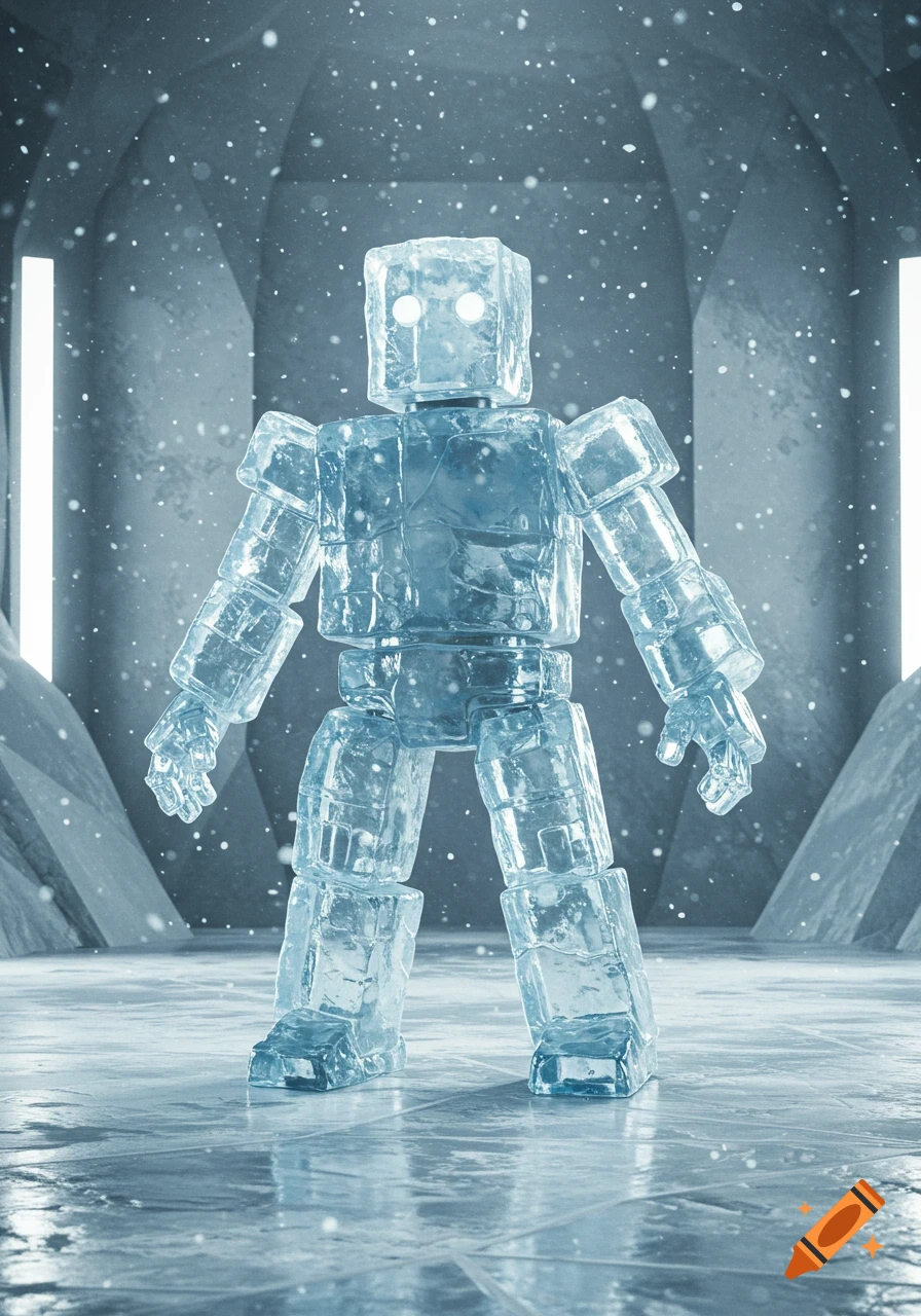 A photorealistic 3D render of an ice cube robot standing in a snowy ice cave with glowing light shafts and falling snow.