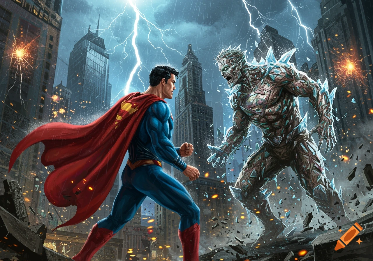 Superman in blue and red battles a monstrous, icy Bizarro amidst lightning and crumbling city buildings.