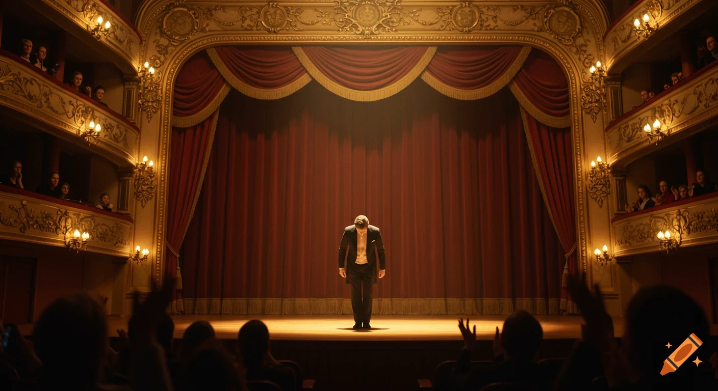 A man bows on a brightly lit stage in an ornate theater with red curtains, with an audience applauding in silhouette.