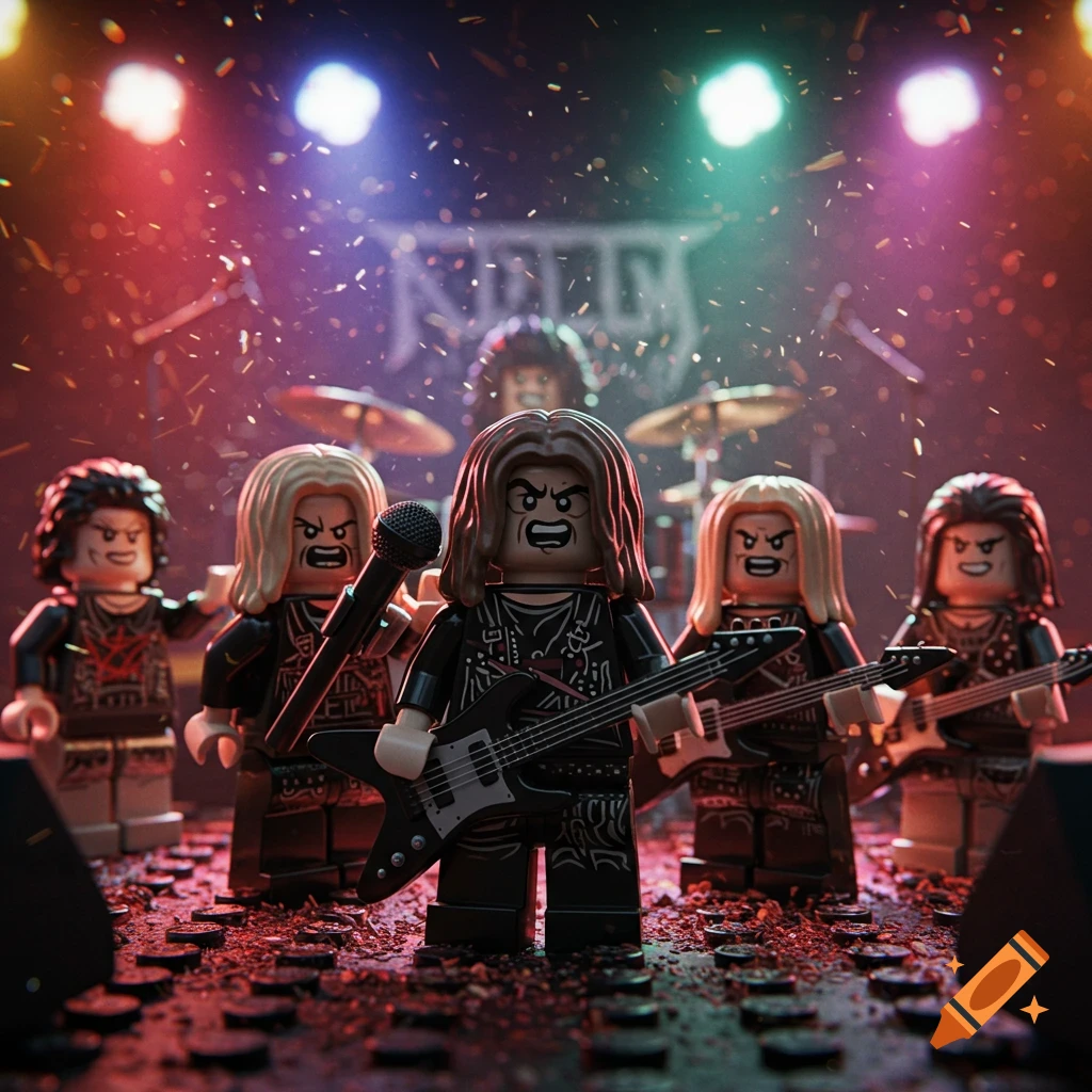 Lego heavy metal band on stage with a lead singer, guitarist, bassists, and drummer, under concert lights with confetti falling.