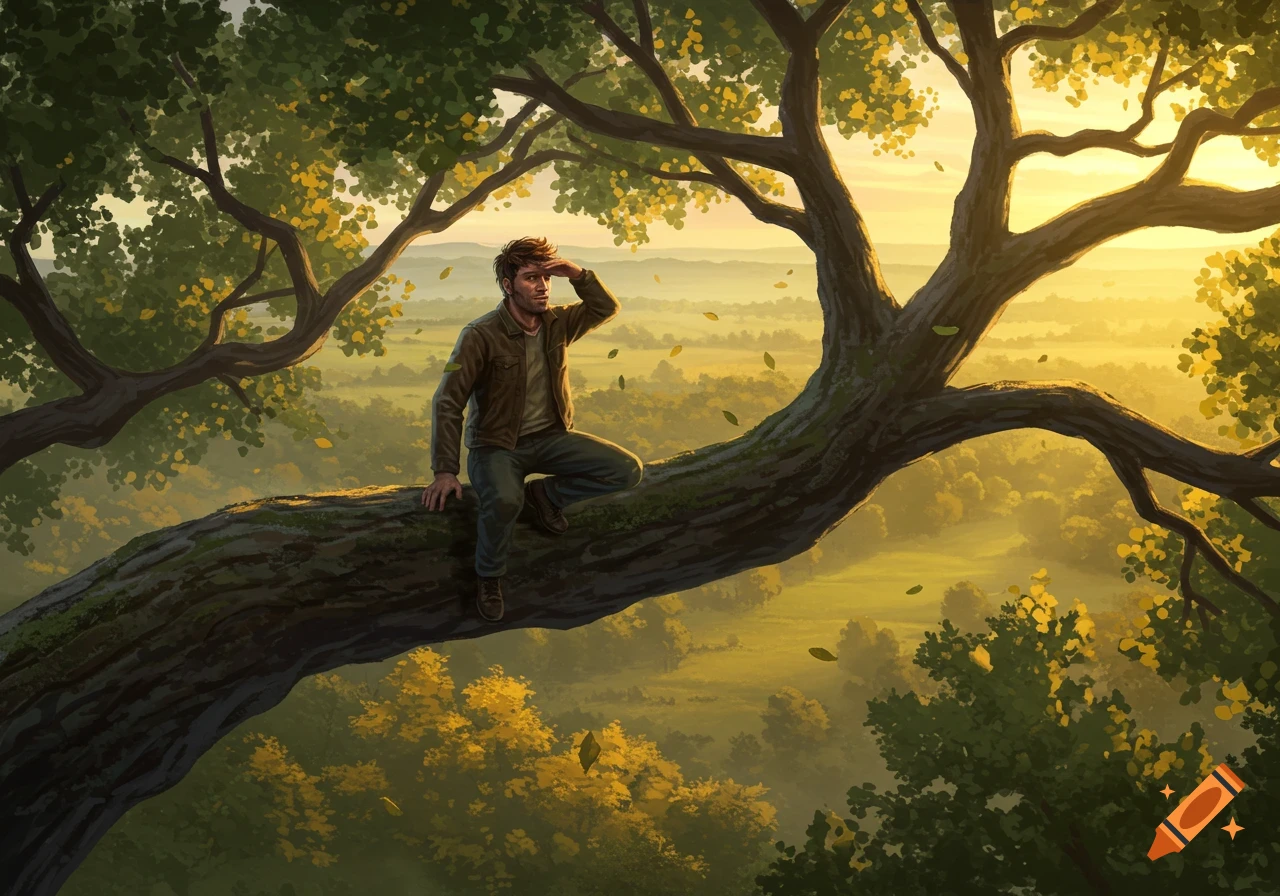 A man sits high on a mossy tree branch, hand shielding his eyes, overlooking a vast, misty landscape bathed in golden light.