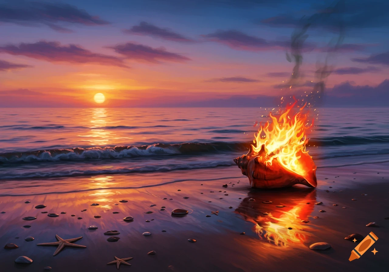 A vibrant painterly image of a large conch shell engulfed in flames on a beach at sunset, with ocean waves and a bright horizon.