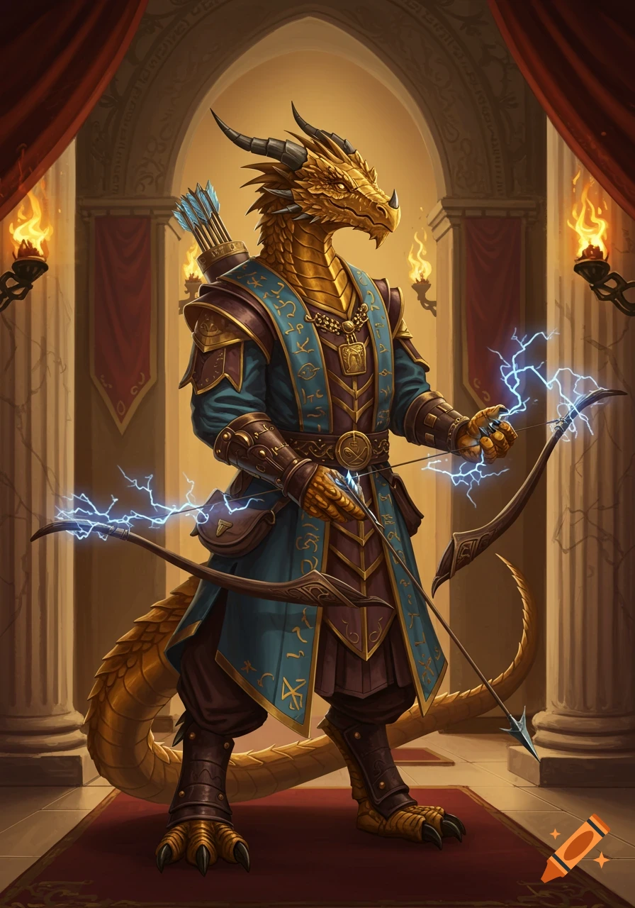 A golden dragonborn archer in ornate blue and gold robes with lightning emanating from two bows stands in a grand hall.