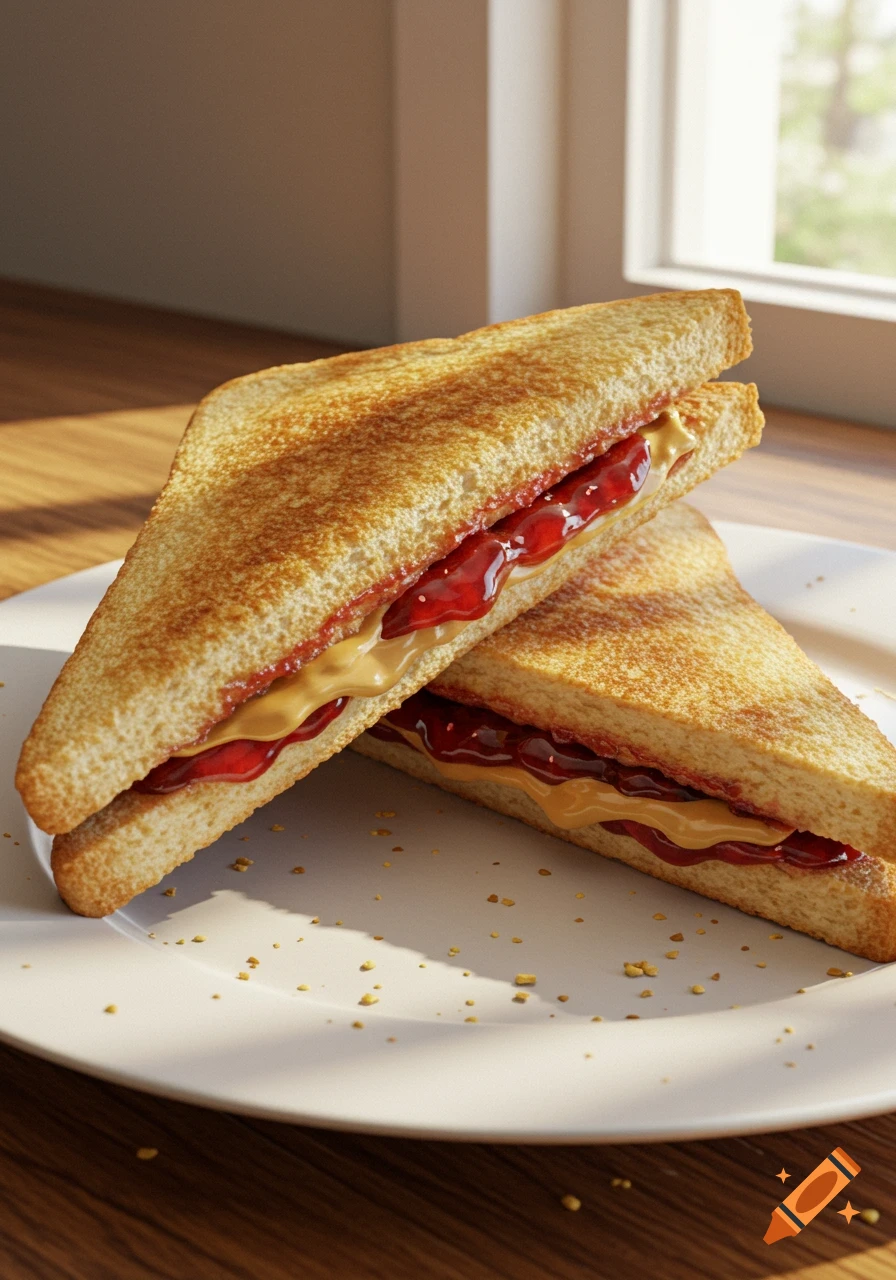 Two triangular peanut butter and jelly sandwich halves on a white plate by a sunlit window.