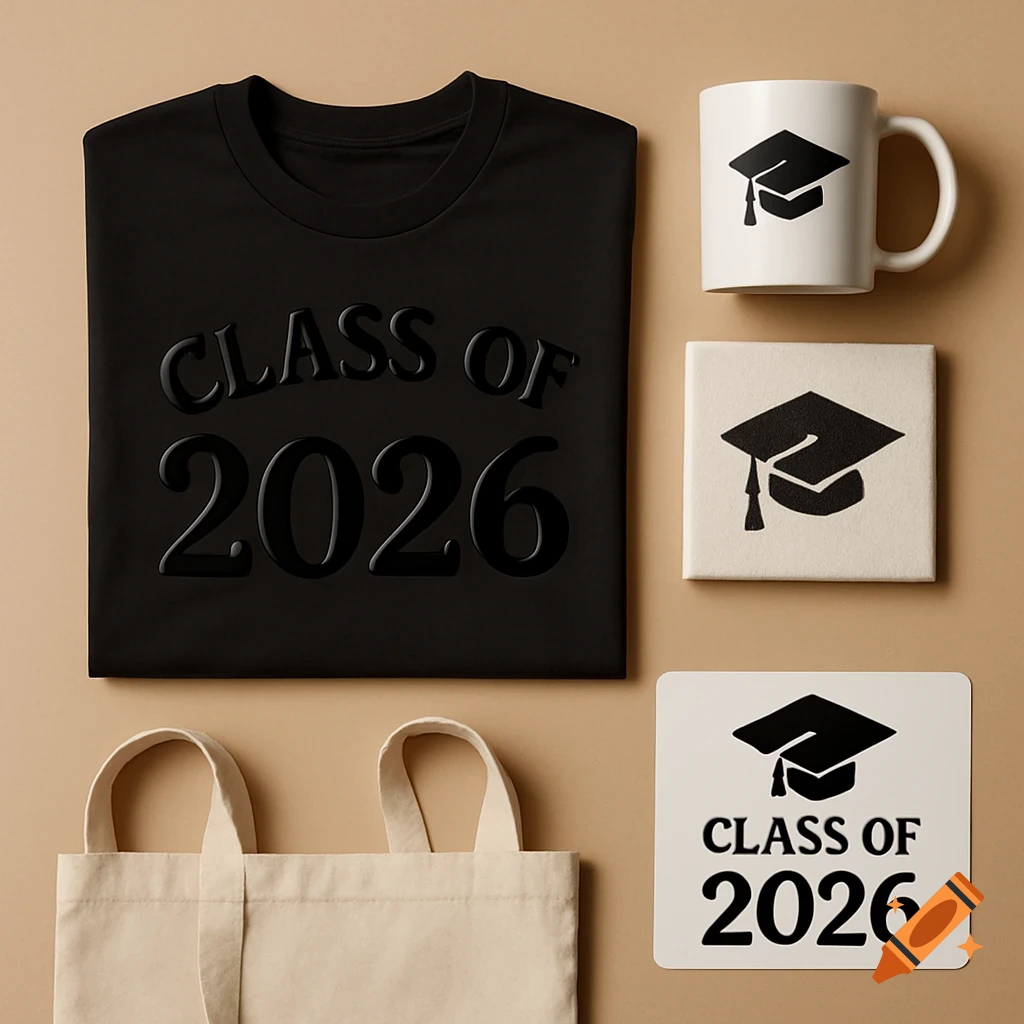 A flat lay of a black Class of 2026 t-shirt, white mug, canvas, tote bag, and vinyl decal with graduation caps on a beige background.