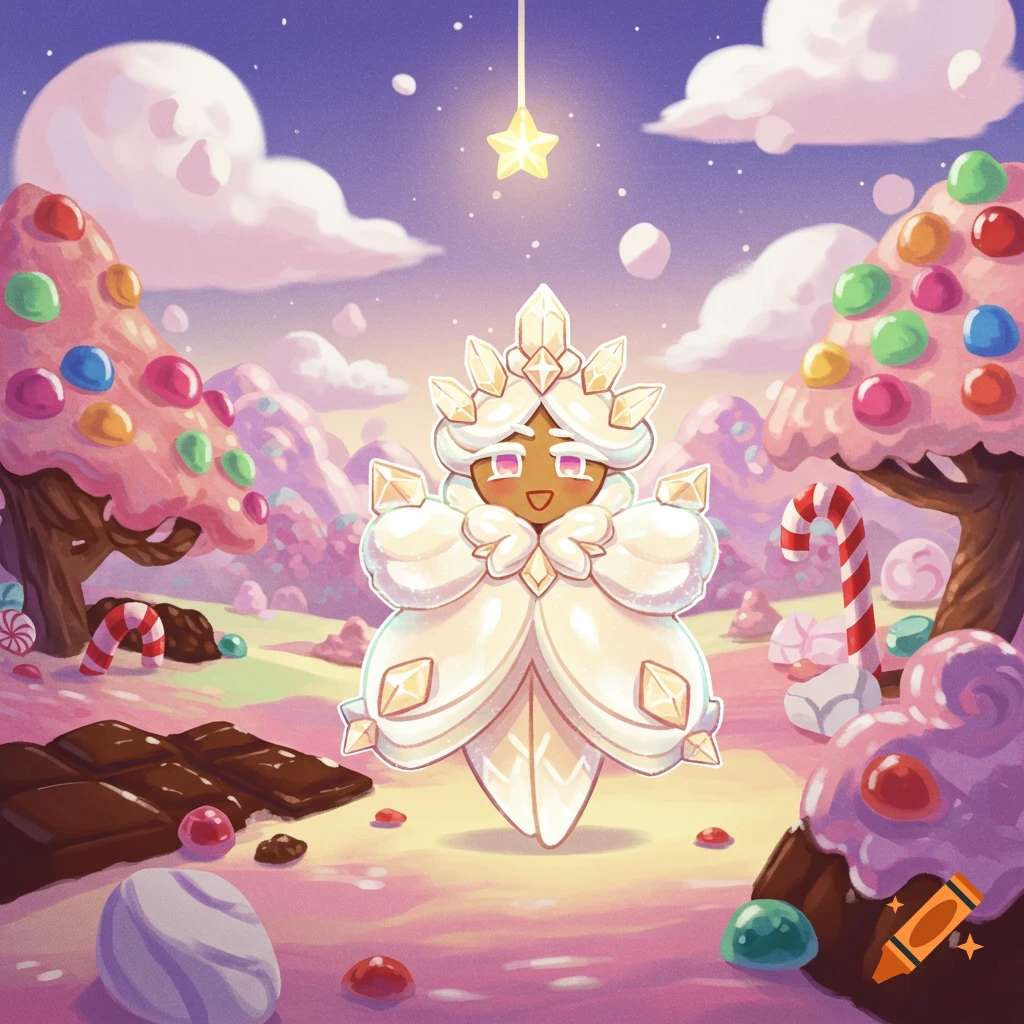 A white, crystalline cookie character stands in a whimsical candy land with chocolate bars, candy trees, and a hanging star.