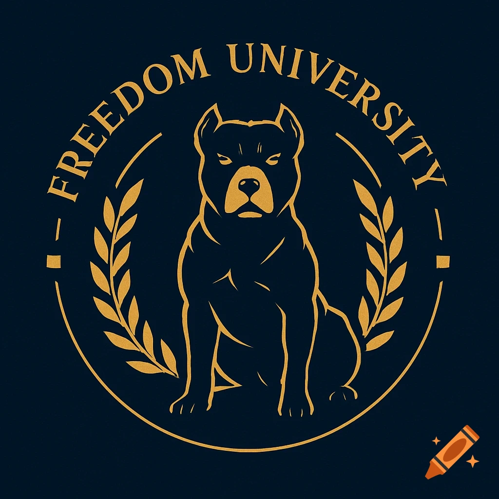 A gold and dark blue logo featuring a stylized, stern-looking pitbull dog sitting upright, encircled by a laurel wreath and the words "FREEDOM UNIVERSITY" in an arch.