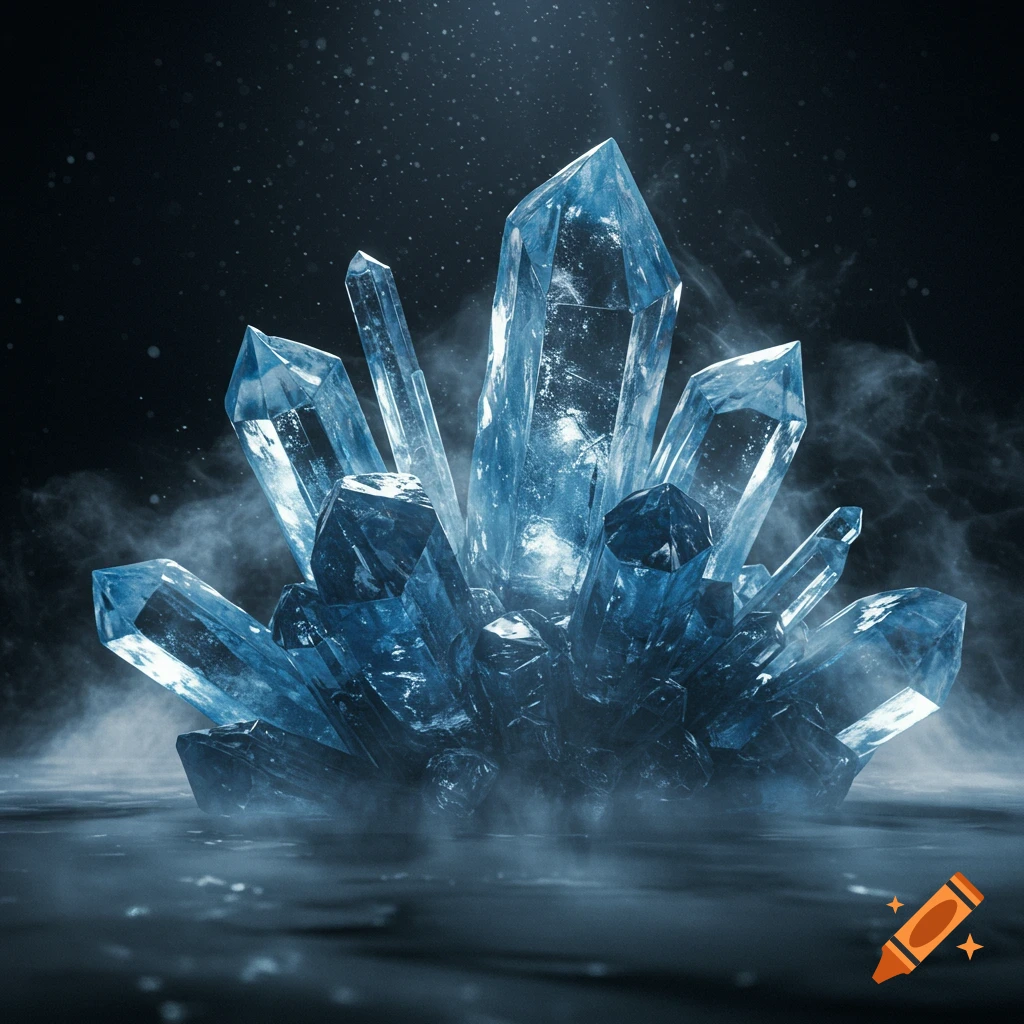 Close-up of a cluster of glowing blue crystals emerging from mist on a dark surface.