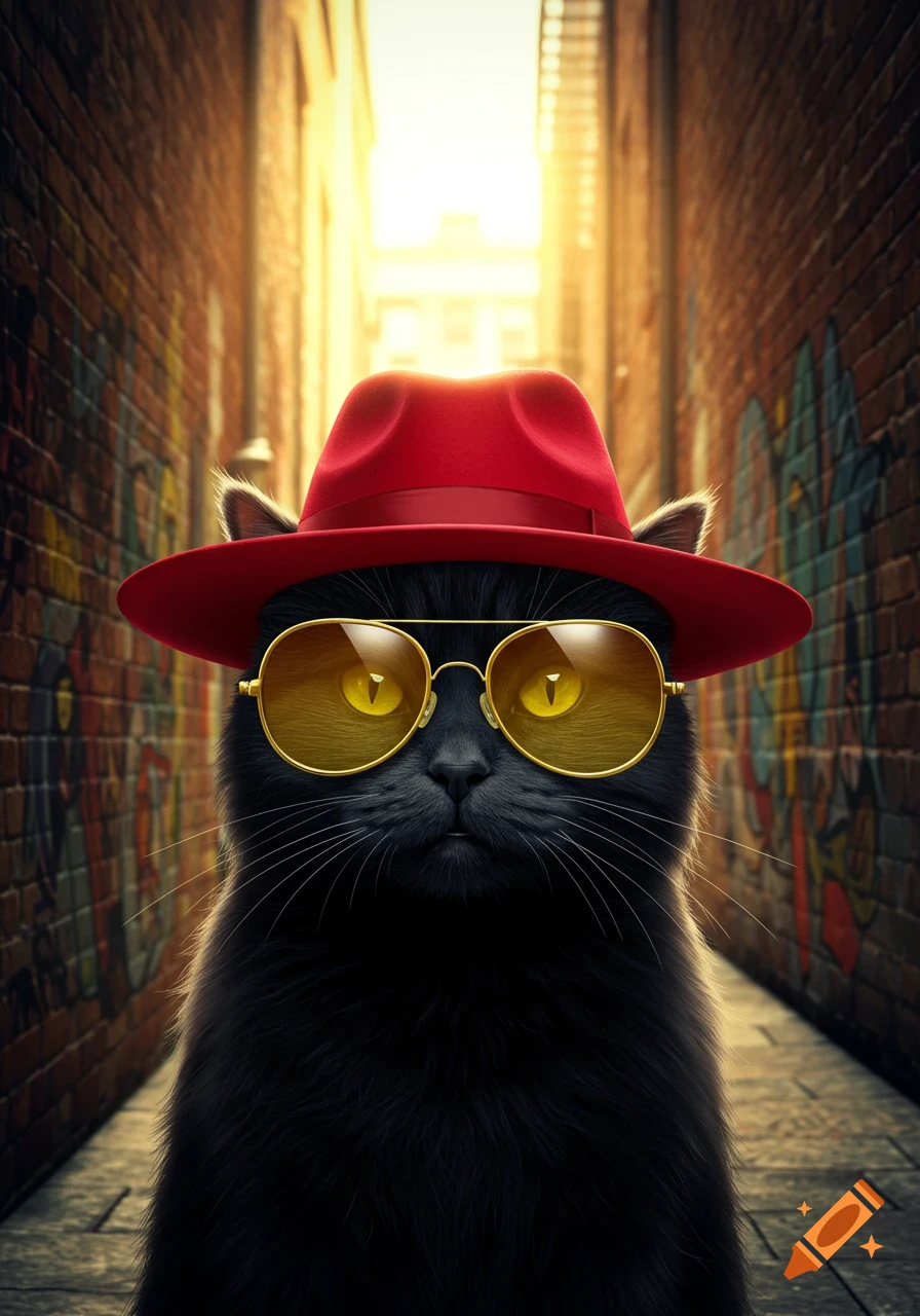 A black cat wearing a red fedora and yellow sunglasses stands in a sunlit alley with brick walls.