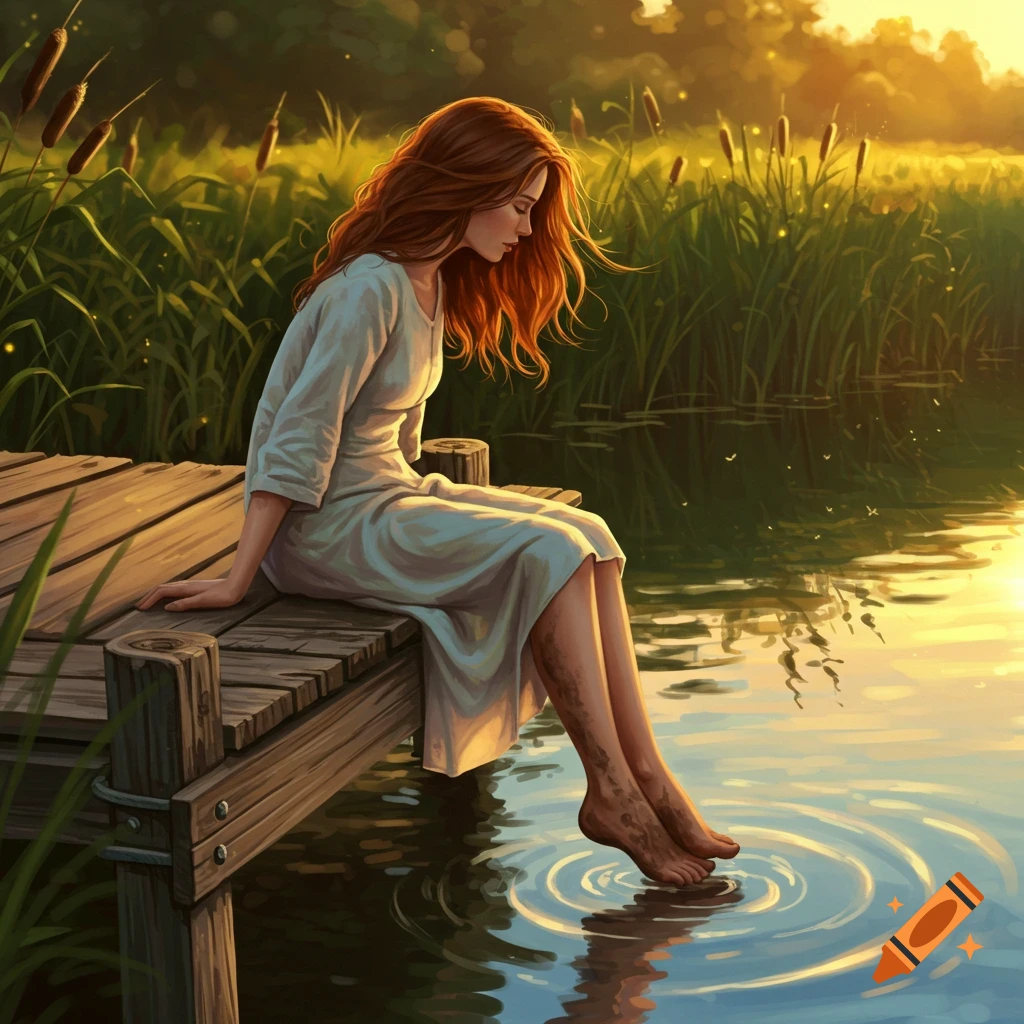 A woman with red hair sits on a wooden dock, dipping her bare feet into a reedy lake at sunset, painted in an artistic style.