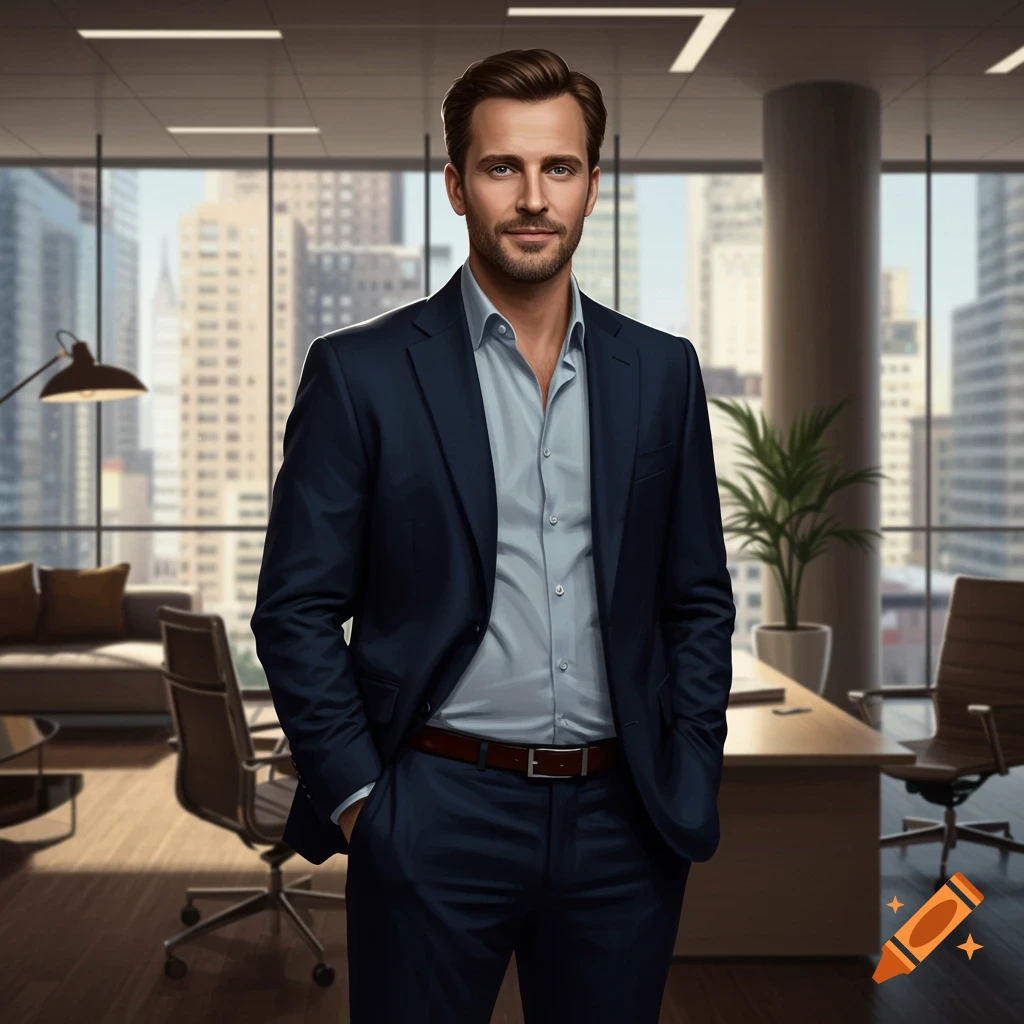 Photorealistic portrait of a handsome businessman in a suit standing in a modern office with city views.