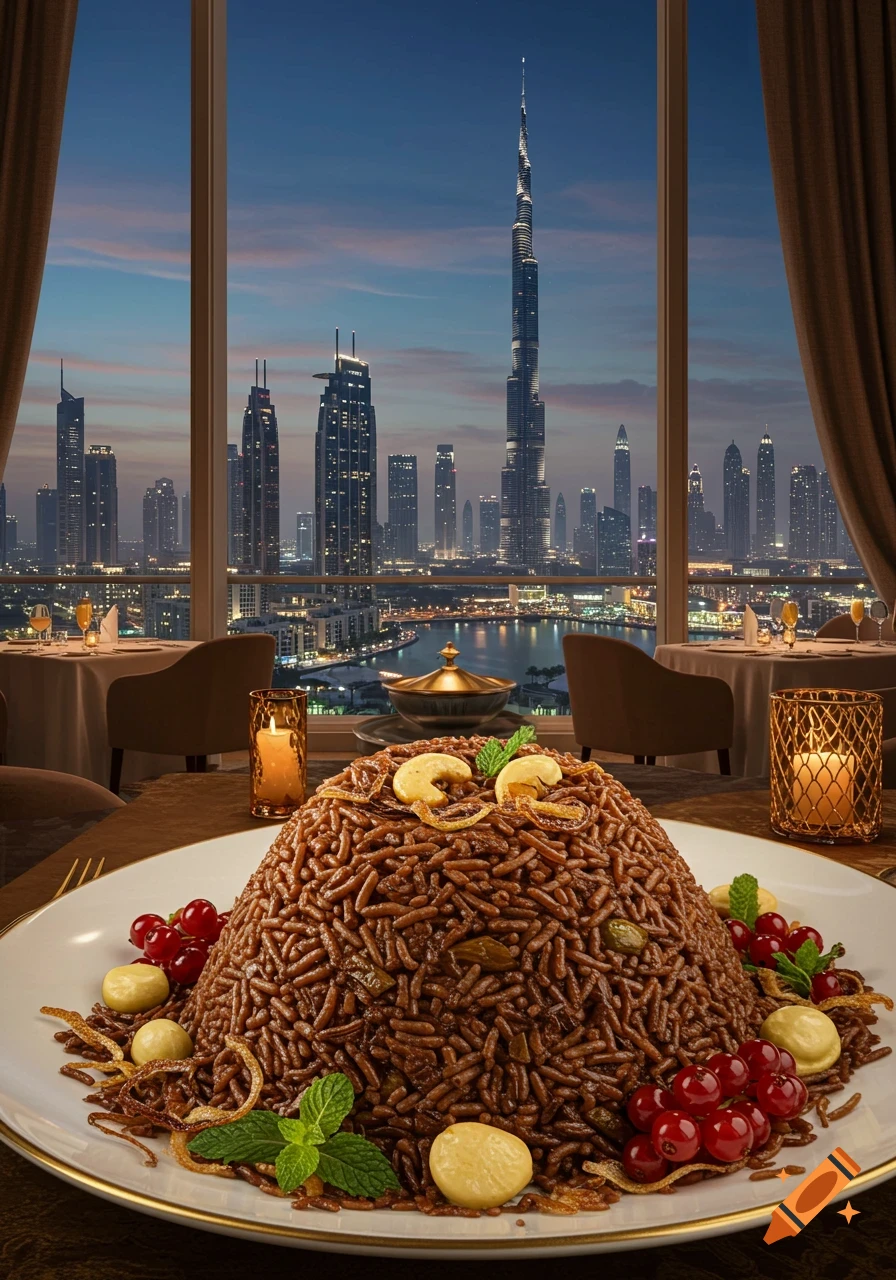 A large plate of chocolate biryani with nuts and berries is presented in a fancy restaurant overlooking the illuminated Dubai skyline, featuring the Burj Khalifa at dusk.