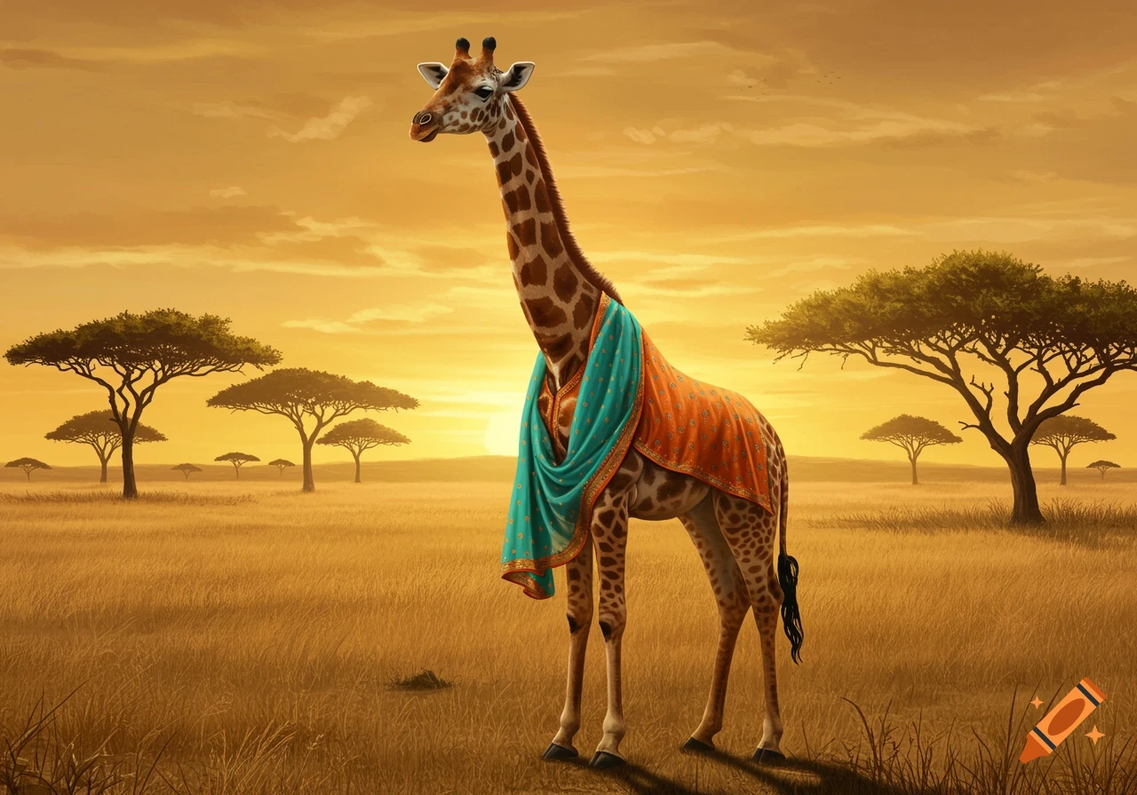 A photorealistic giraffe wearing a blue and orange draped garment stands in a golden savanna at sunset with acacia trees.