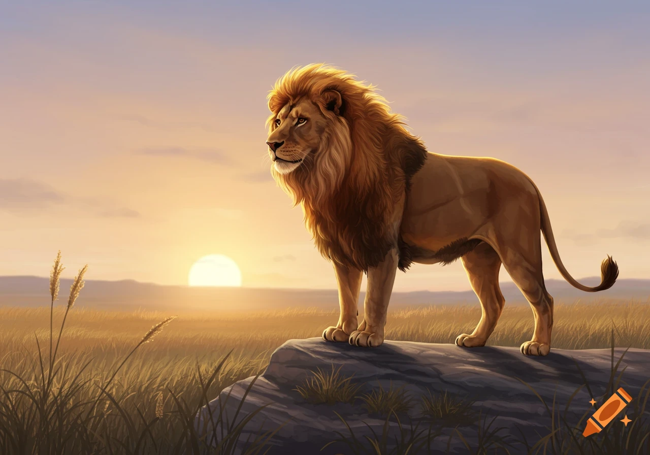 A majestic lion with a golden mane stands on a rock in a savanna at sunset, looking towards the left.