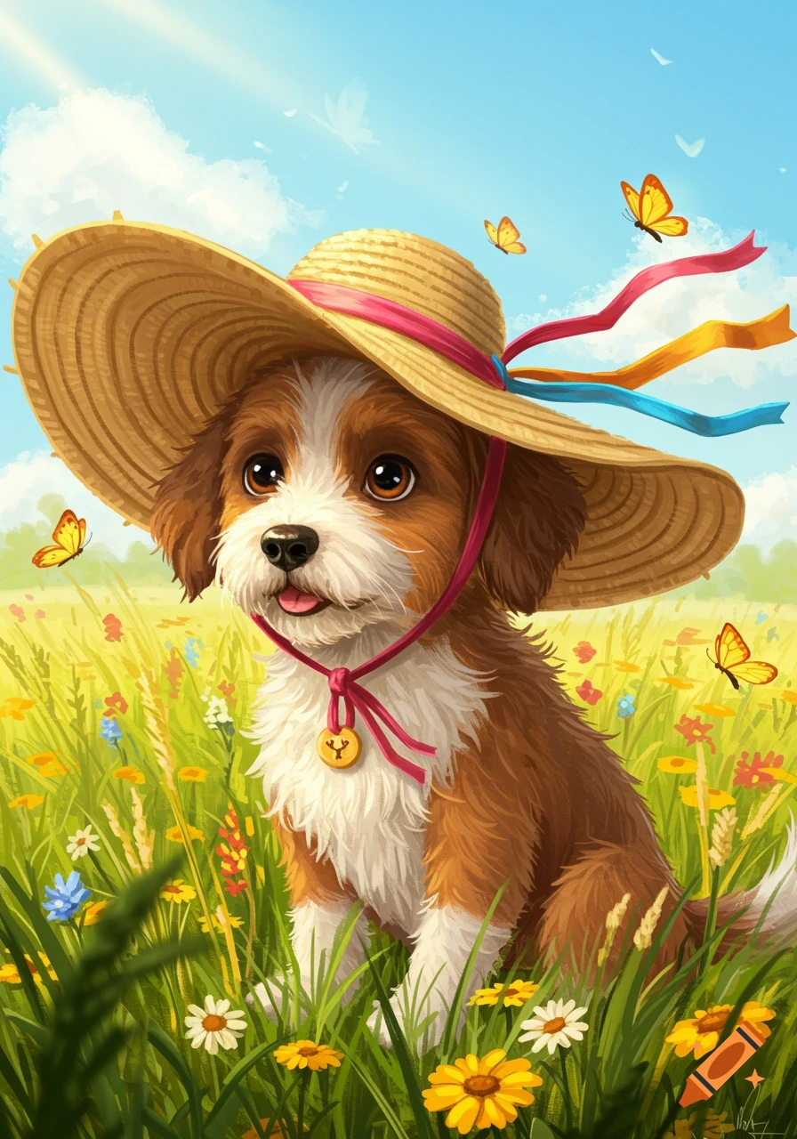 A cute brown and white puppy wearing a wide-brimmed straw hat with colorful ribbons sits in a sunny field of wildflowers with butterflies.