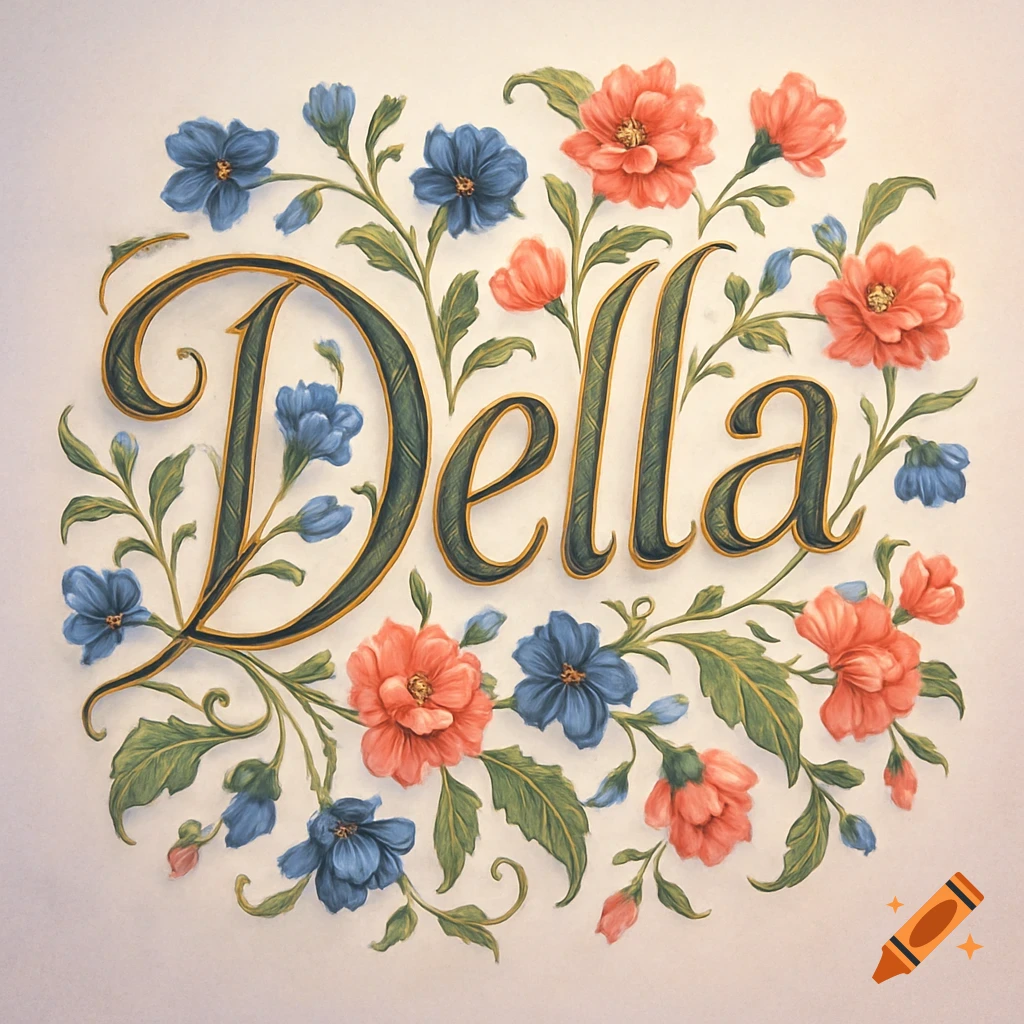 Ornate calligraphy of the name 'Della' surrounded by vibrant orange and blue flowers with green leaves, on a light background.