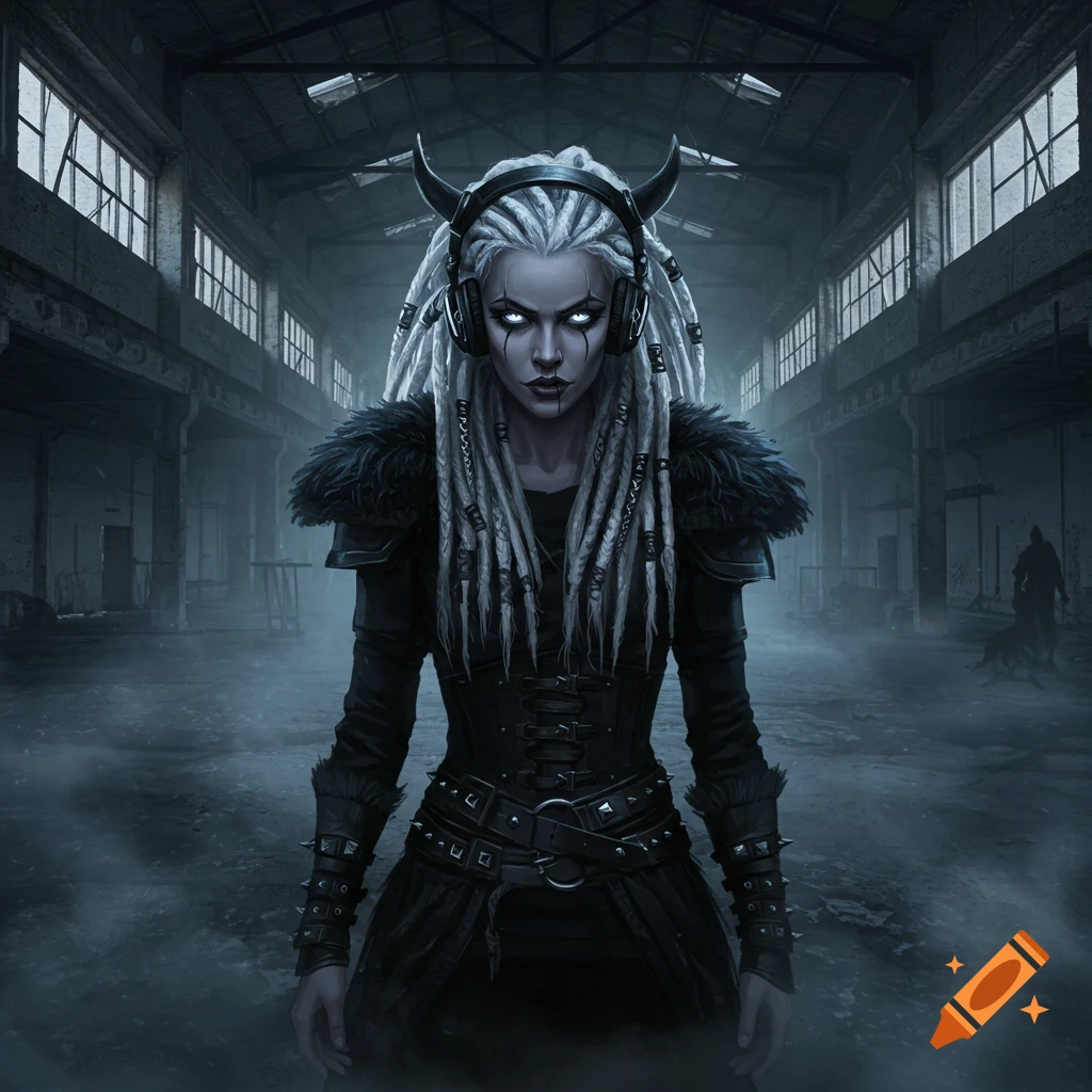 A gothic Viking woman with white dreadlocks, glowing eyes, and headphones stands in a dark, abandoned warehouse.