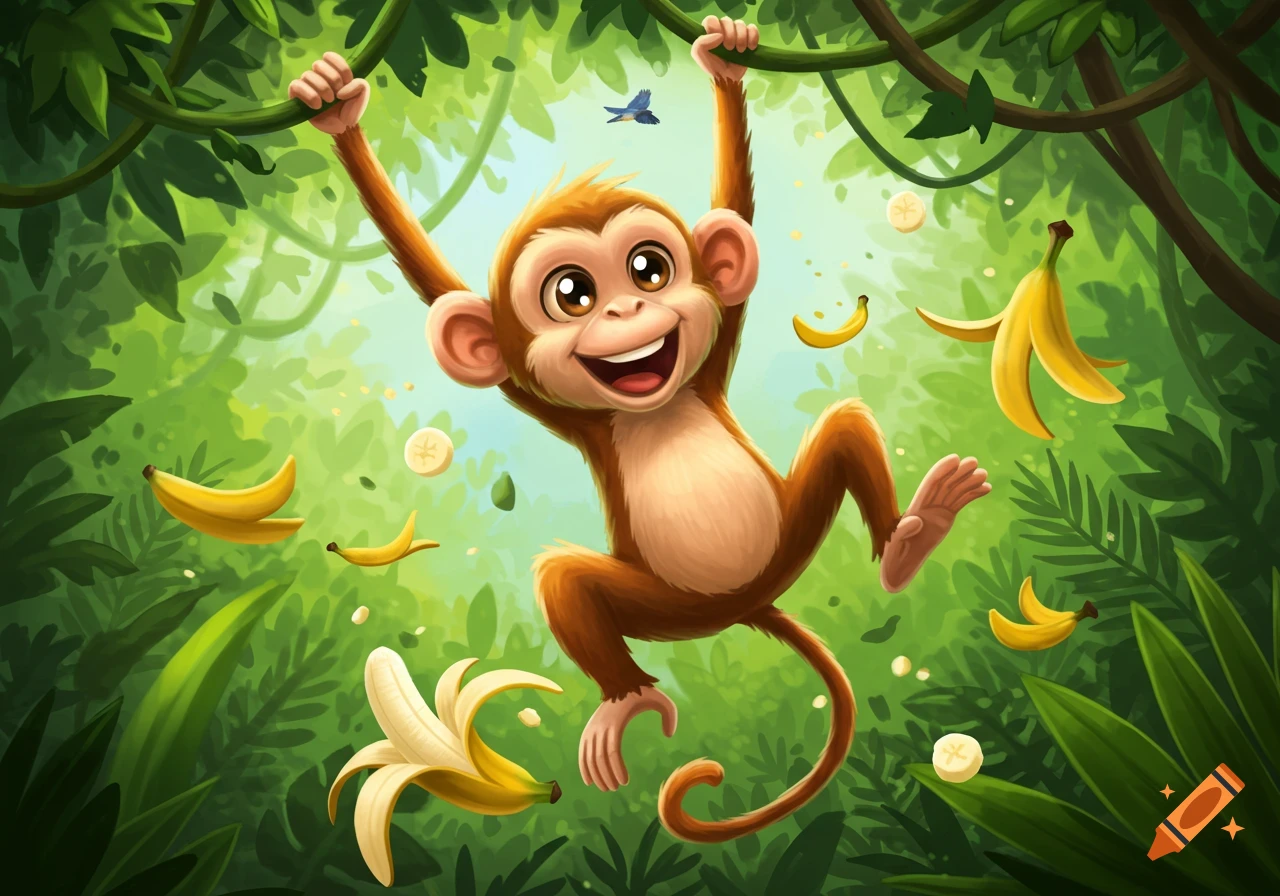A cheerful cartoon monkey swings from a vine in a vibrant green jungle, with bananas and banana peels flying around it.