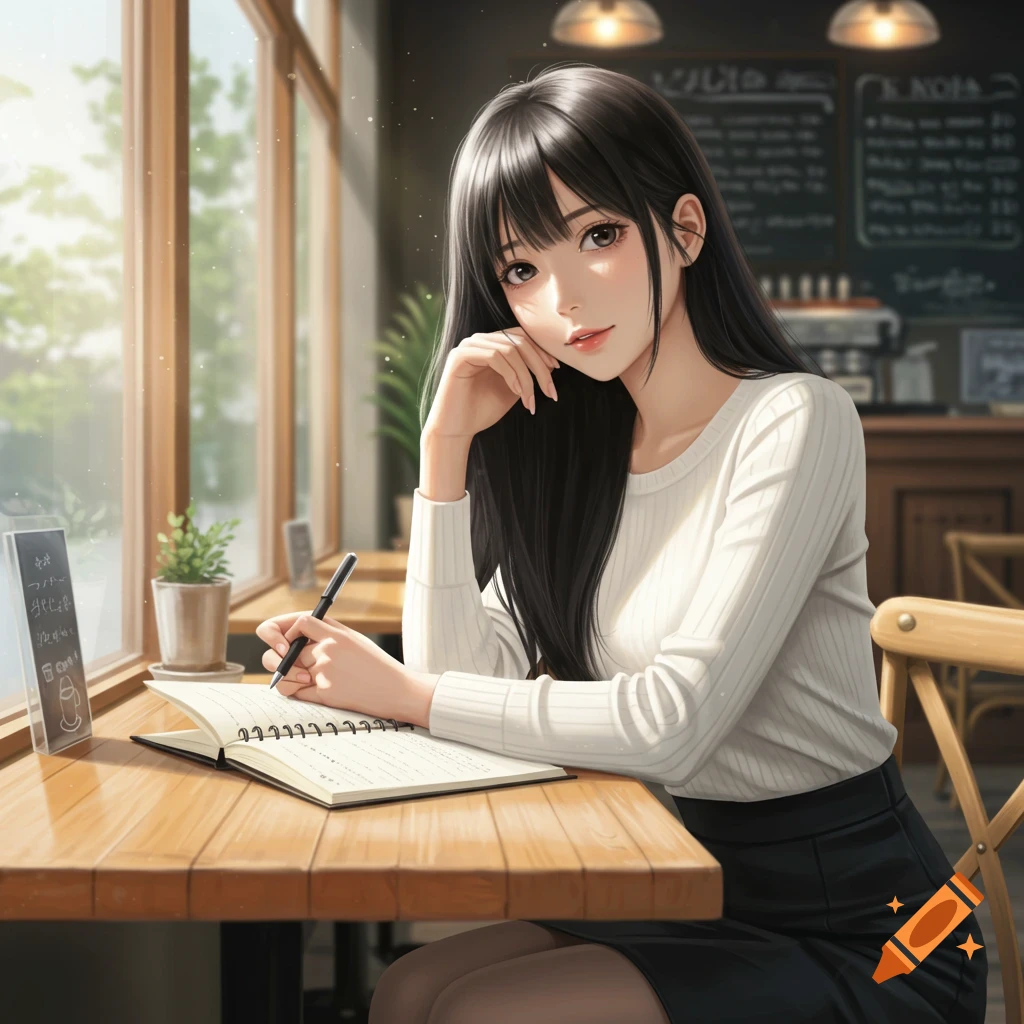 An anime-style girl with long black hair sits at a wooden table in a sunny cafe, writing in a notebook.
