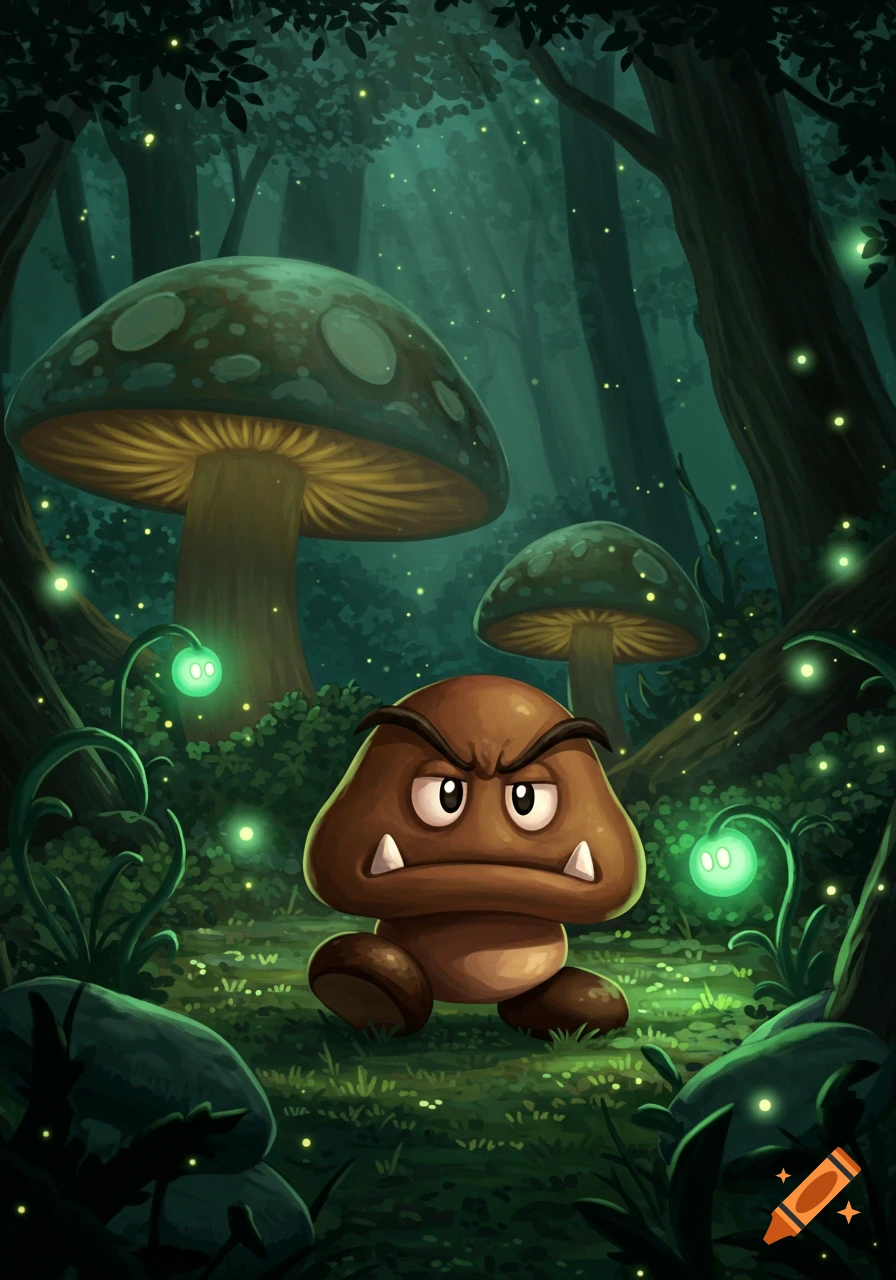 An angry cartoon Goomba stands in a dark, mystical forest with glowing mushrooms and fireflies.