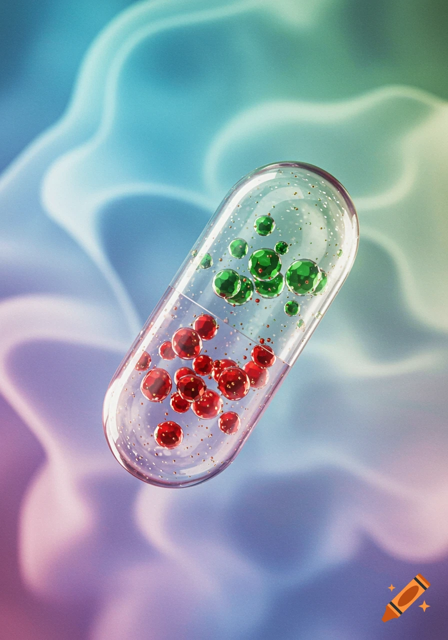 A transparent medicine capsule filled with red and green spheres, against a blurry, colorful background.