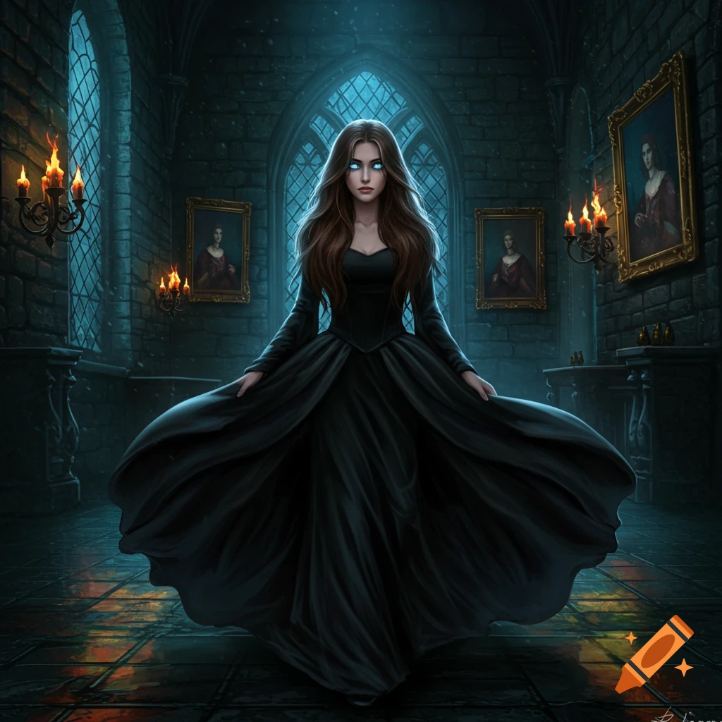 A brown-haired woman with glowing blue eyes in a black flowing gown stands in a dimly lit gothic castle hallway.