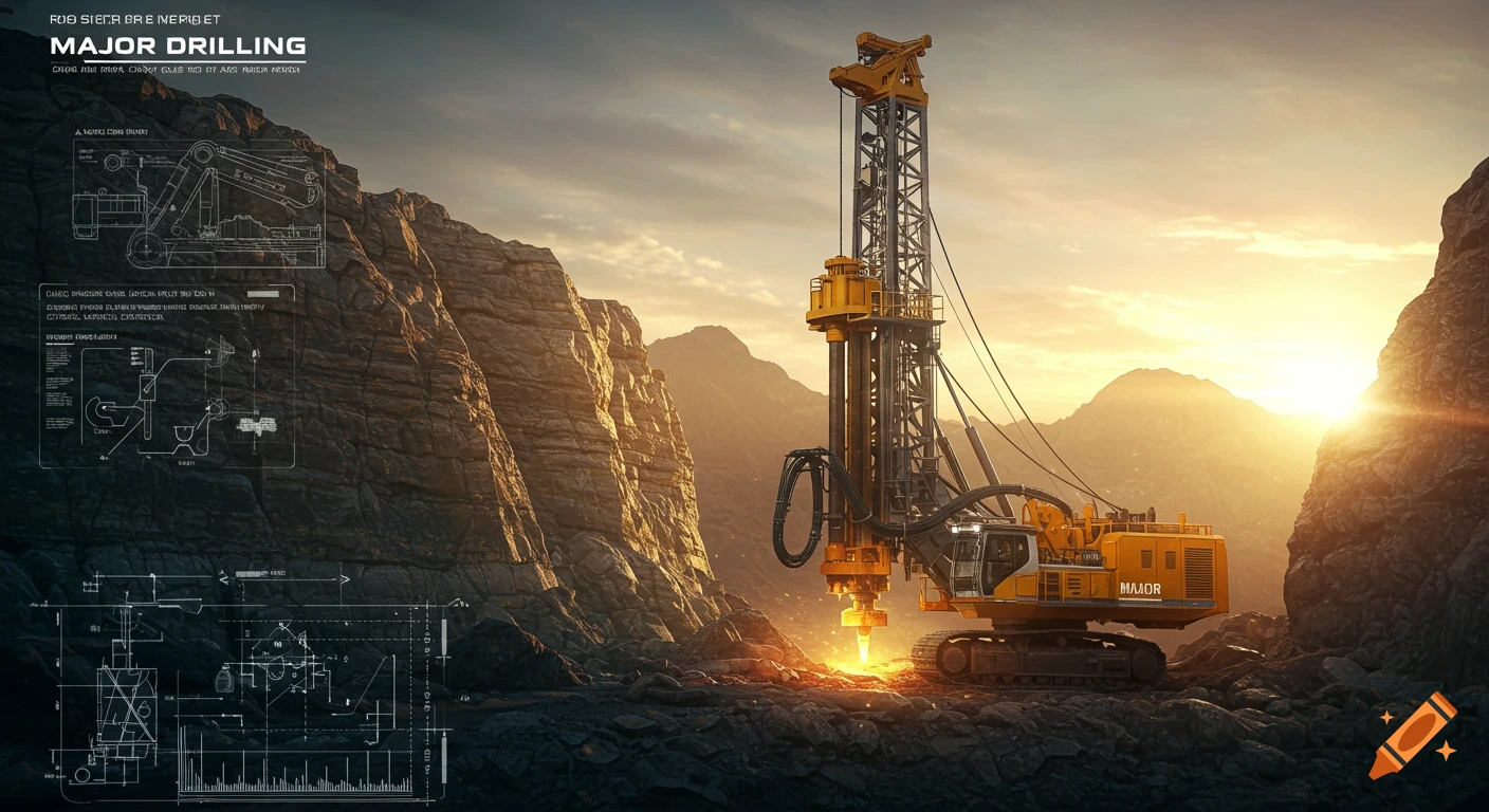 A massive yellow drilling rig operates in a rocky, mountainous quarry at sunset, with blueprints overlaid on the left.