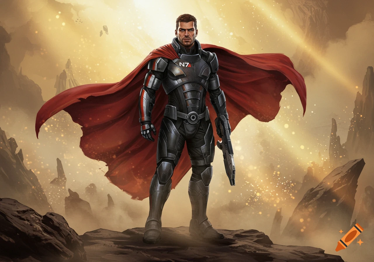 Commander Shepard in futuristic dark armor and a flowing red cape, holding a weapon, standing on a rocky alien planet.
