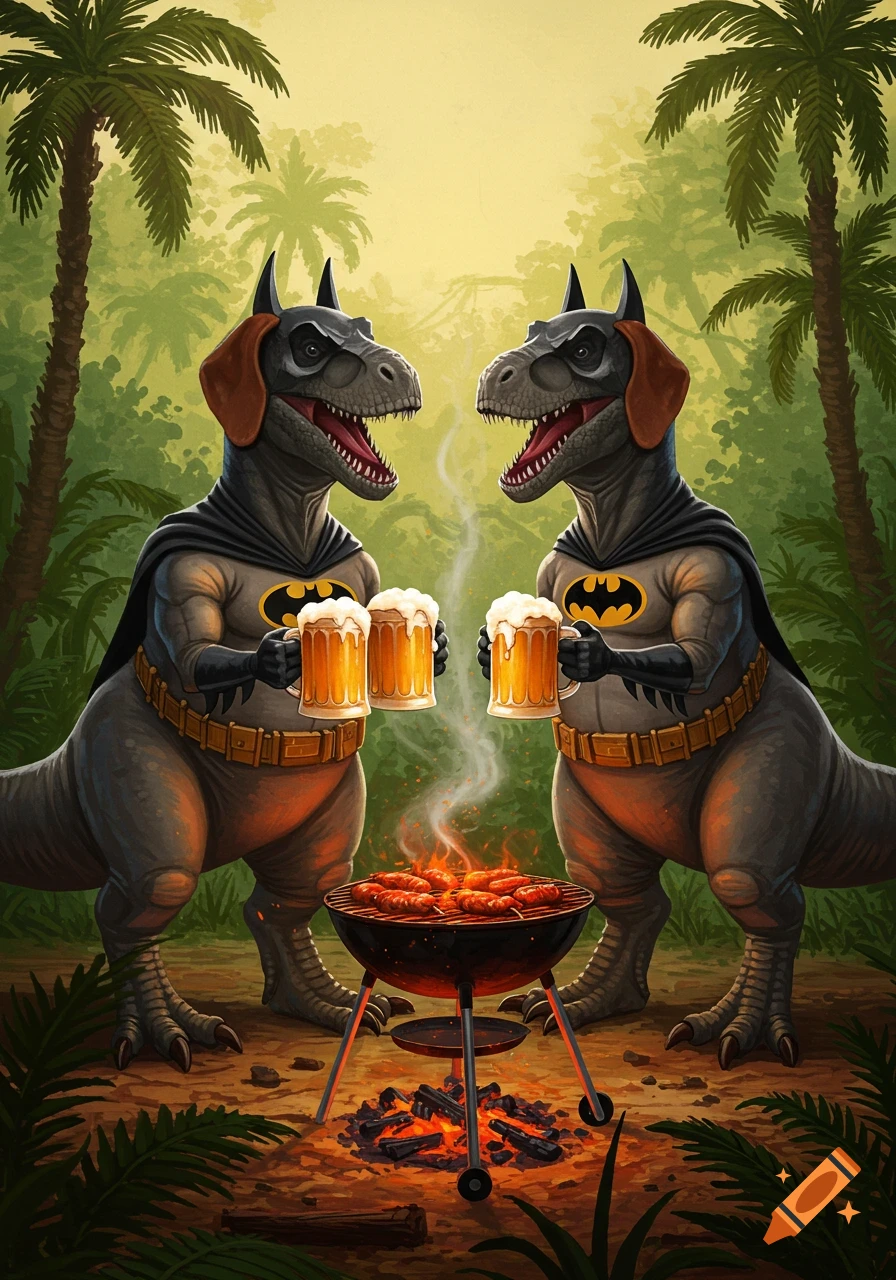 Two T-Rex dinosaurs in Batman suits with long dachshund ears hold beer mugs while grilling sausages over a barbecue in a jungle setting.
