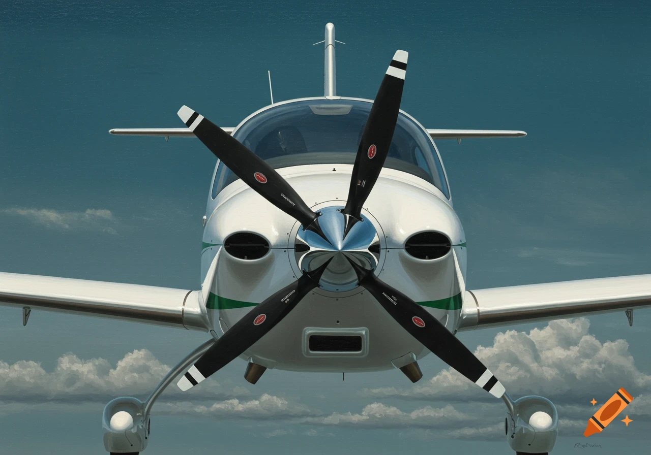 Front view of a white and green propeller plane with three blades against a blue sky with clouds.