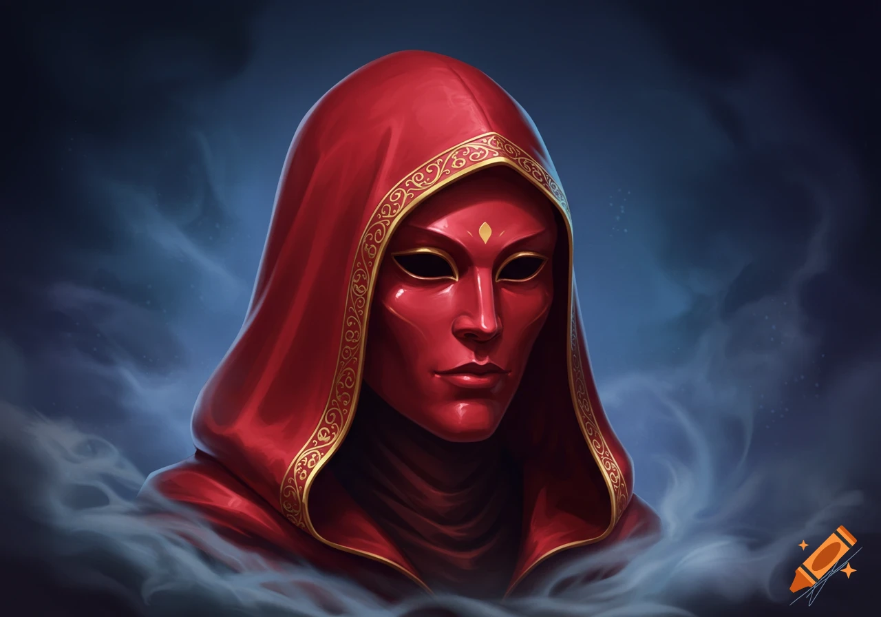 Digital art portrait of a mysterious figure in a vibrant red hood and an ornate red mask with gold trim, surrounded by blue haze.