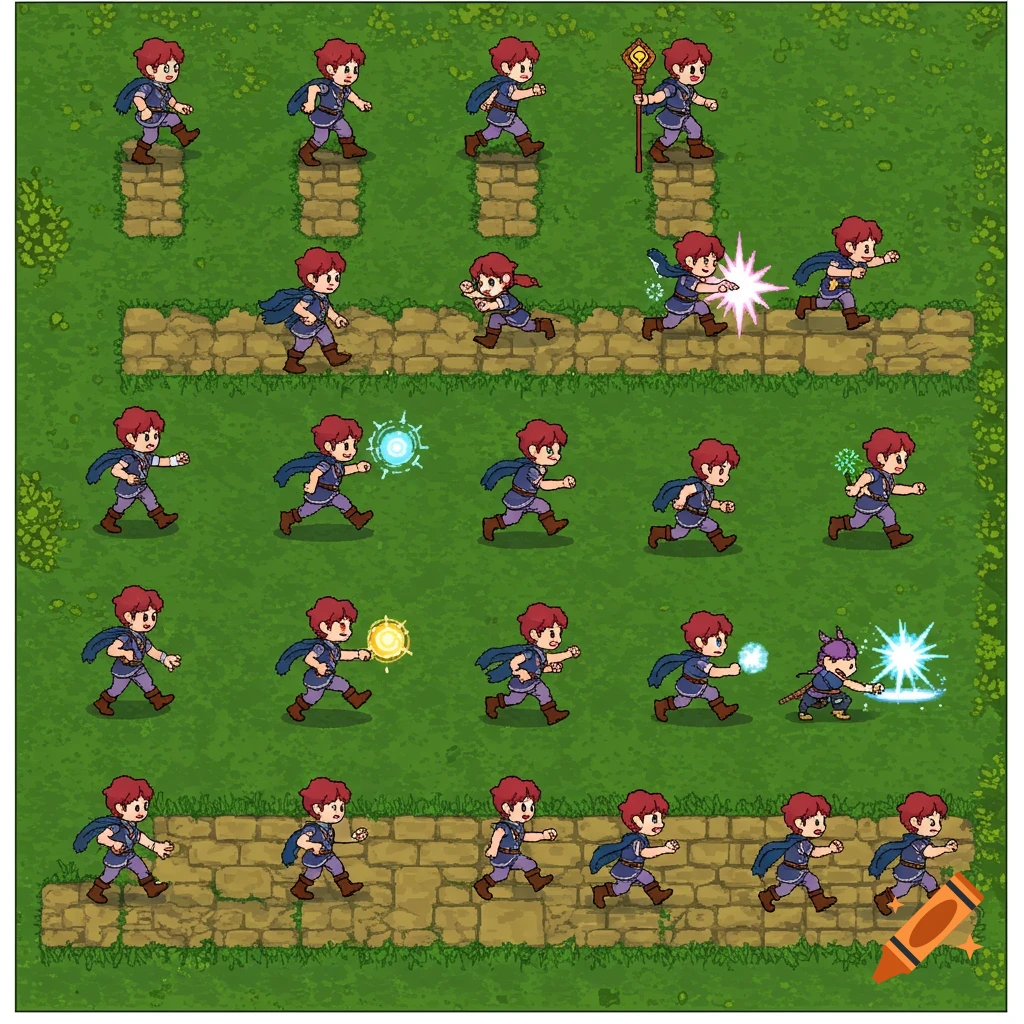 Pixel art sprite sheet featuring a red-haired character in a blue cloak performing various actions on a grassy path.