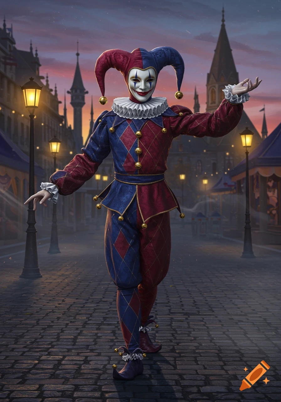 A photorealistic illustration of a jester in a red and blue harlequin costume and mask on a cobblestone street at dusk.