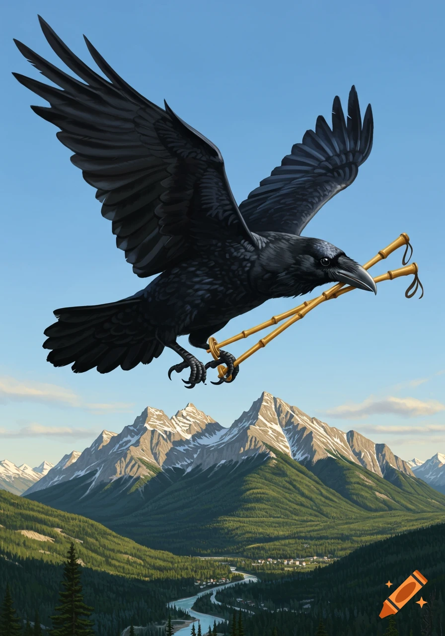 An oversized black raven flies across a blue sky, carrying two golden bamboo poles in its beak, above a mountain landscape with snowy peaks, green valleys, a river, and a small town.