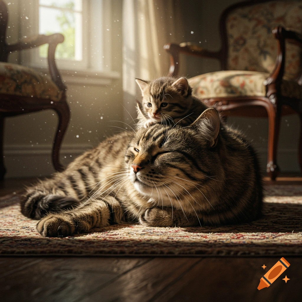 A large tabby cat lies on a patterned rug with a small tabby kitten perched on its head, bathed in sunlight from a nearby window.