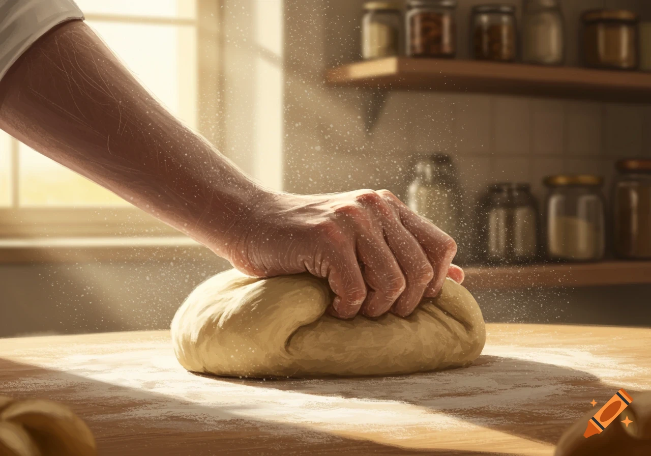 A close-up view of a hand kneading dough on a wooden counter, with flour dust in the air and kitchen shelves in the background.