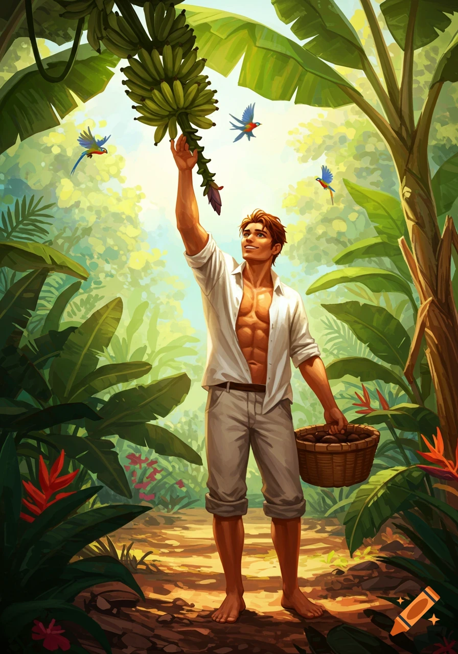 A man in a tropical jungle reaches for a bunch of bananas from a tree, holding a basket of fruit. Colorful birds fly around.