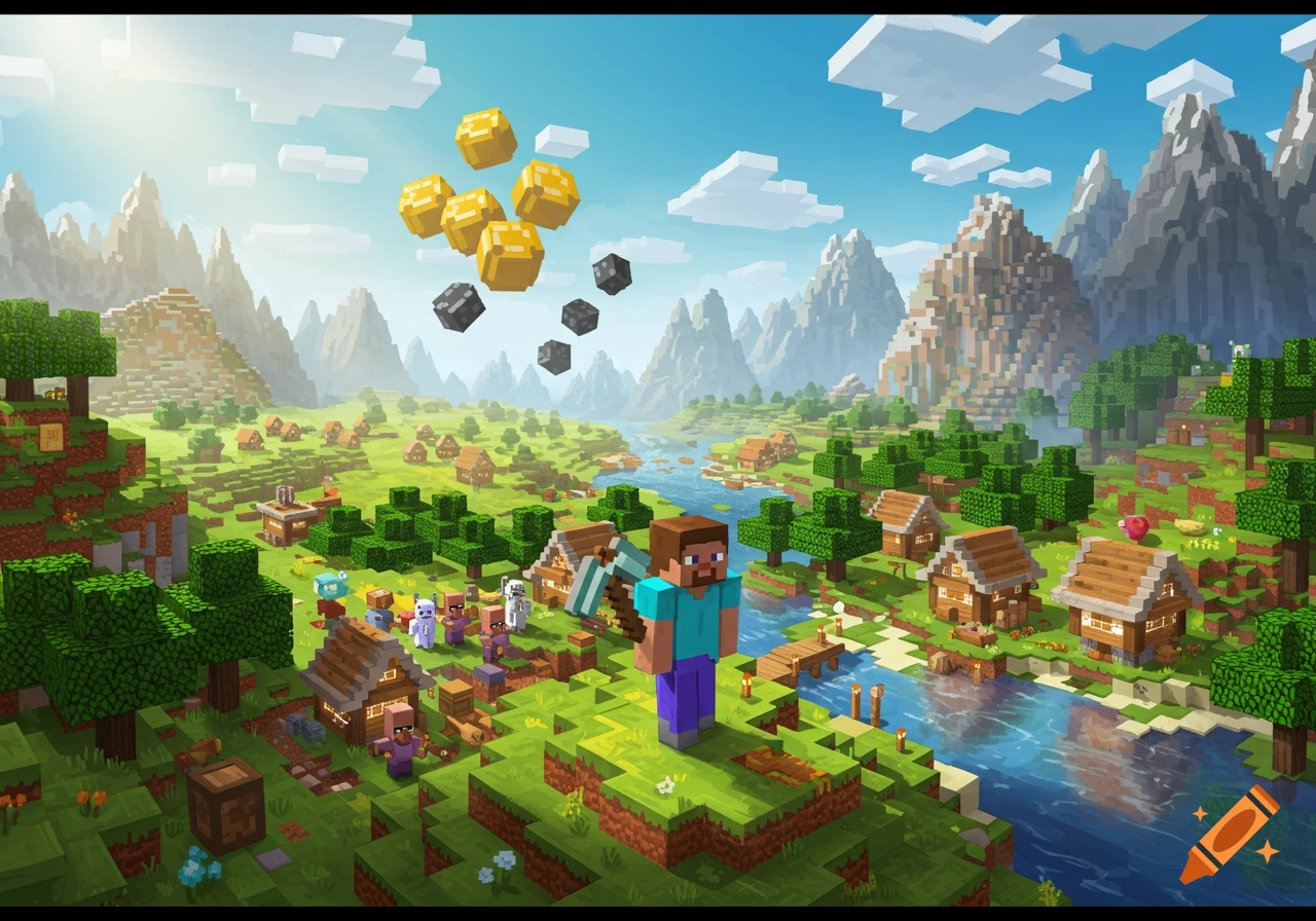 A vibrant Minecraft landscape featuring Steve, villagers, a river, and blocky mountains, with floating gold and iron blocks in the sky.