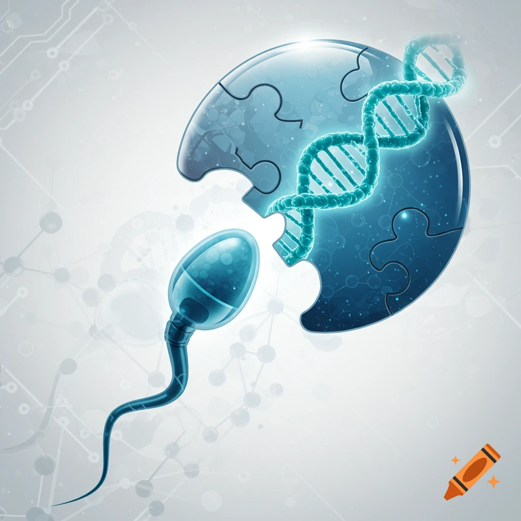 Stylized illustration of a sperm cell about to connect with a puzzle piece containing a DNA double helix.