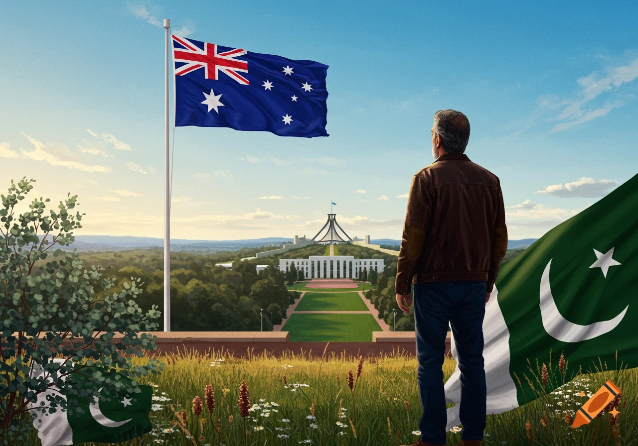 Man views Australian Parliament House with Australian flag above, Pakistani flag in foreground. Clear sky.