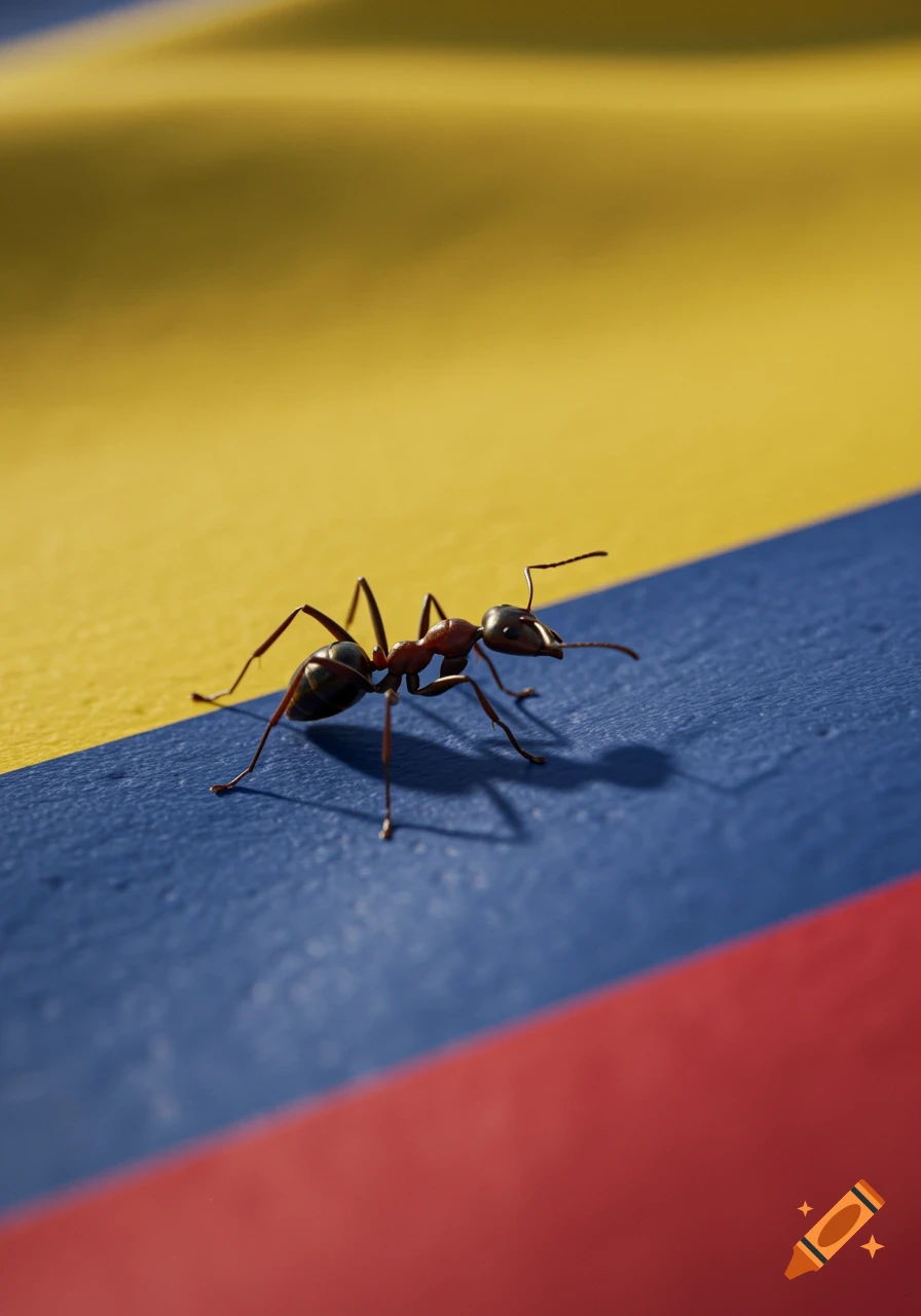A close-up, photorealistic image of an ant walking on the blue stripe of the Colombian flag, with yellow and red stripes visible.