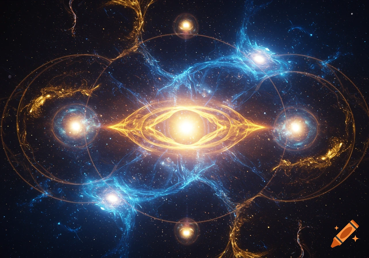 A vibrant cosmic eye-like singularity with swirling golden and blue neural networks against a star-filled deep space background in digital art style.