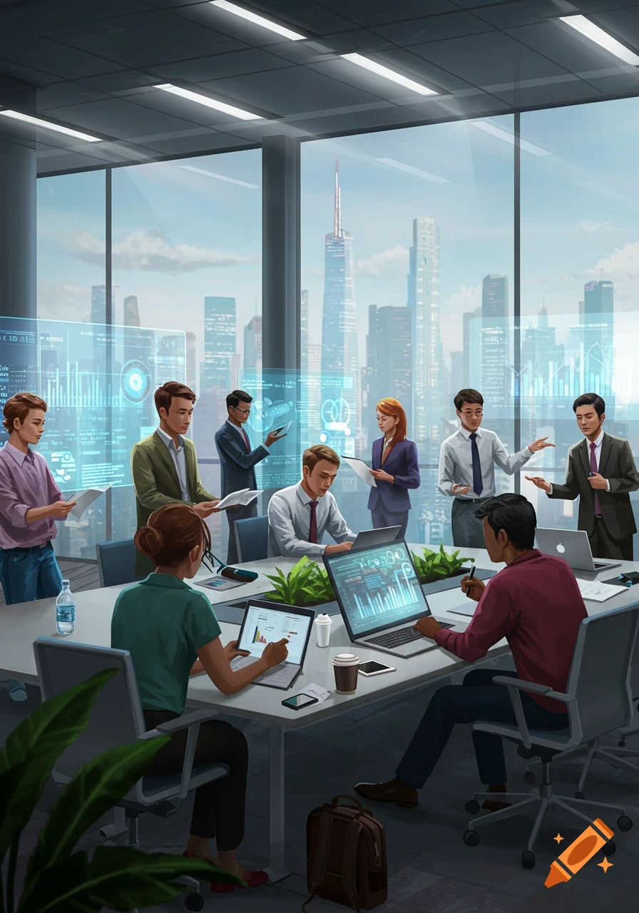 A diverse group of professionals in a modern office with large windows overlooking a city skyline, engaged in a meeting with digital screens and holographic data visualizations.