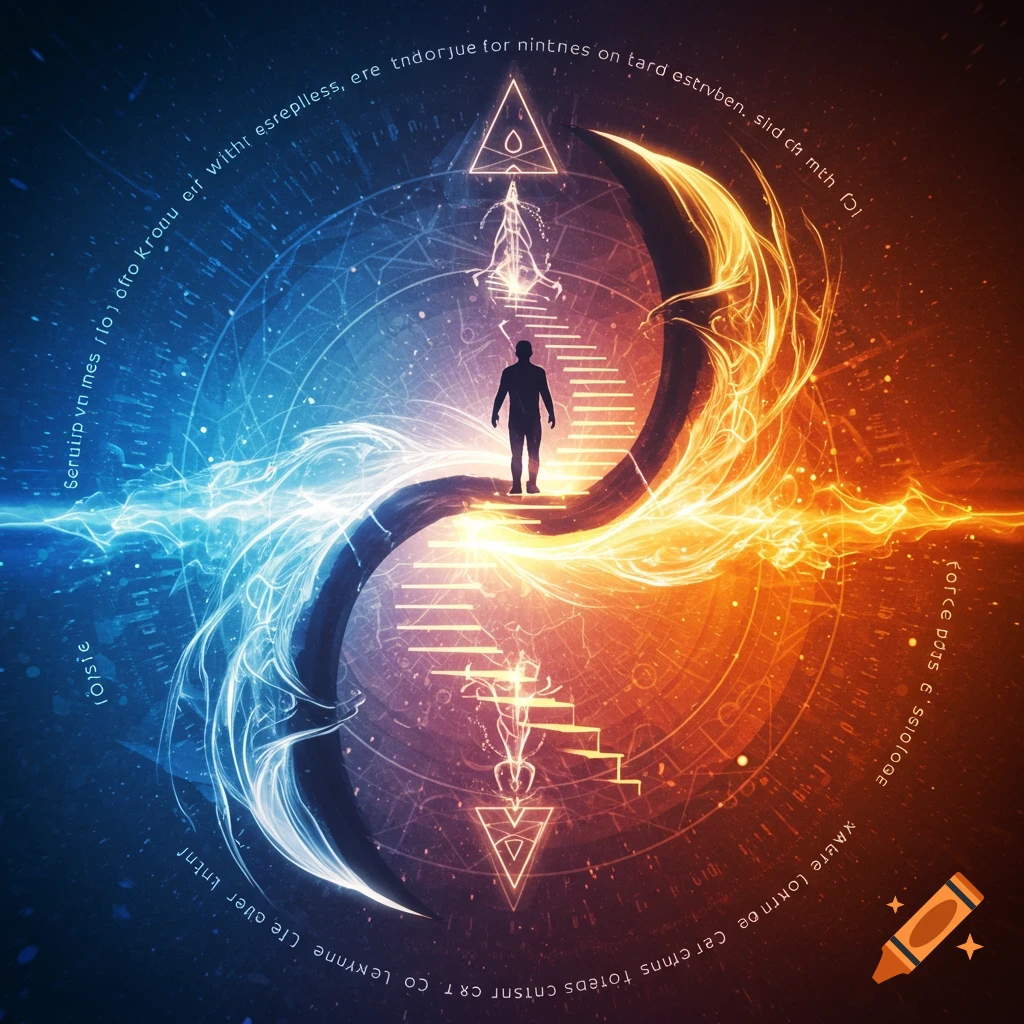 A silhouette of a person stands on a winding staircase, surrounded by glowing blue and orange energy, mystical symbols, and abstract patterns.