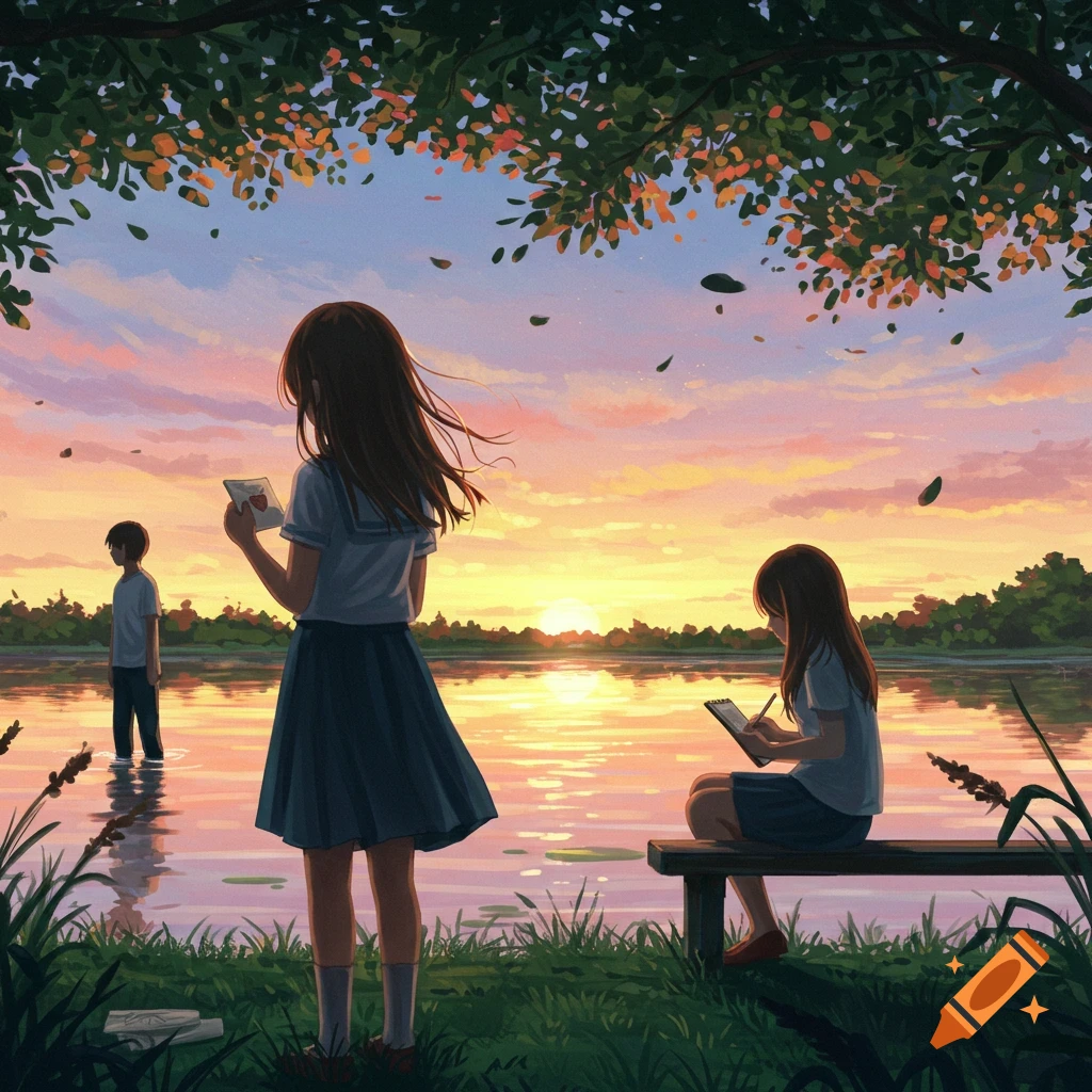 Anime illustration of three young people by a lake at sunset. A girl holds a letter, another writes, and a boy stands in the water.