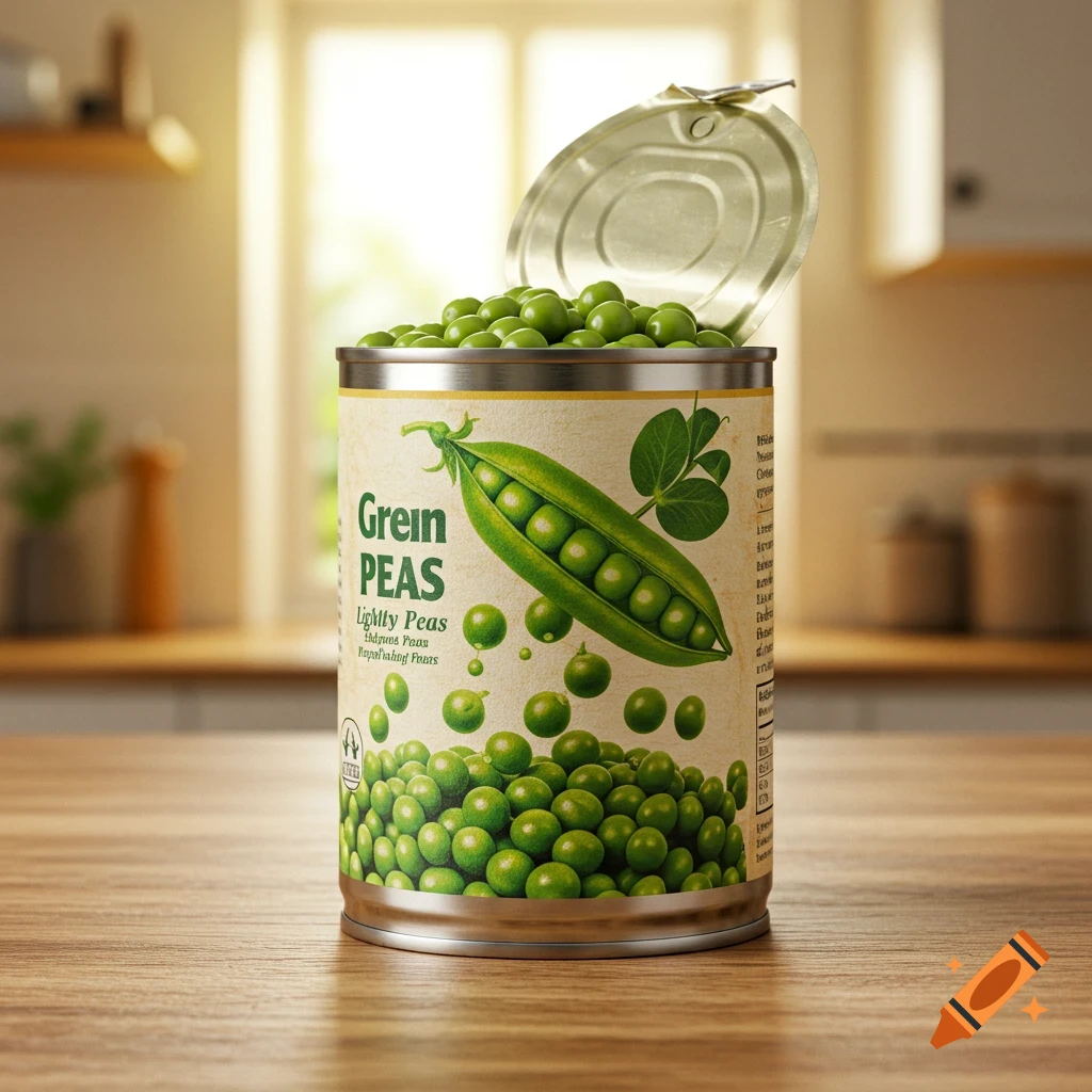 An open can of peas, overflowing with green peas, sits on a wooden counter in a brightly lit kitchen. Photorealistic style.