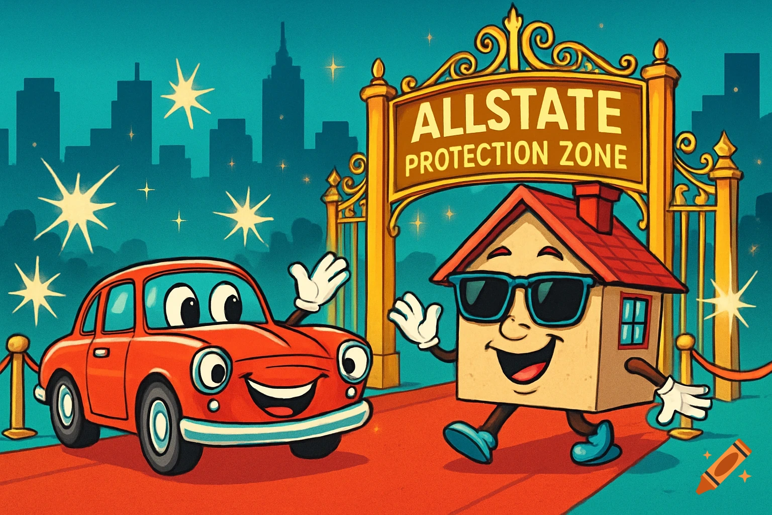 A cute cartoon car and house wave on a red carpet, entering a golden 'ALLSTATE PROTECTION ZONE' gate with a city background. Retro cartoon style.
